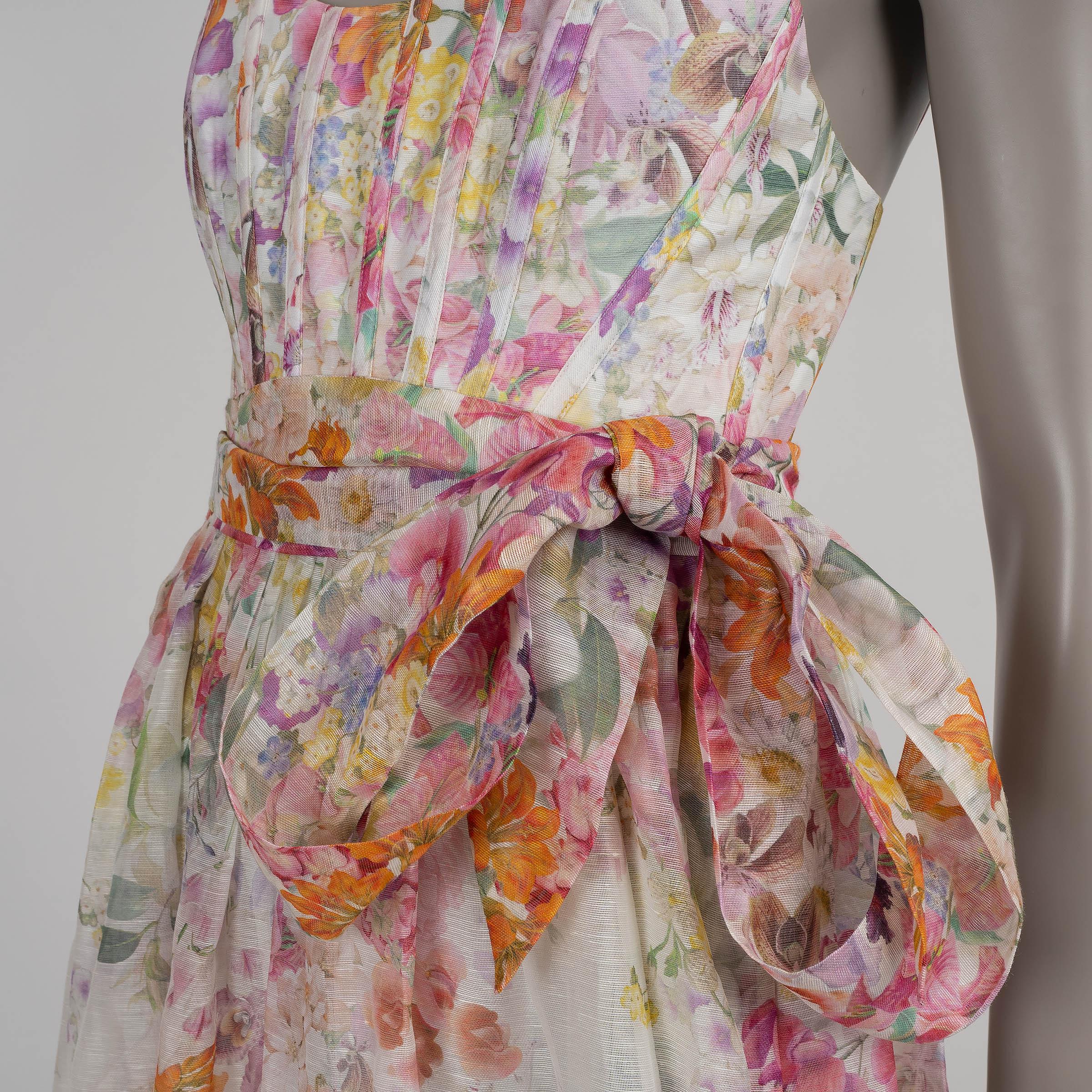 ZIMMERMANN ivory linen silk 2024 NATURA KALEIDOSCOPE GARDEN MIDI Dress 0 XS In Excellent Condition For Sale In Zürich, CH