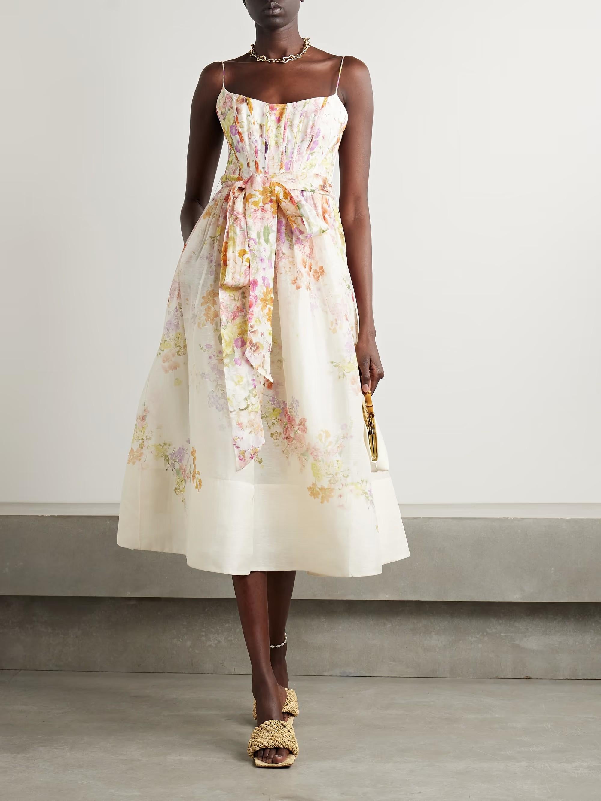 Women's ZIMMERMANN ivory linen silk 2024 NATURA KALEIDOSCOPE GARDEN MIDI Dress 0 XS For Sale