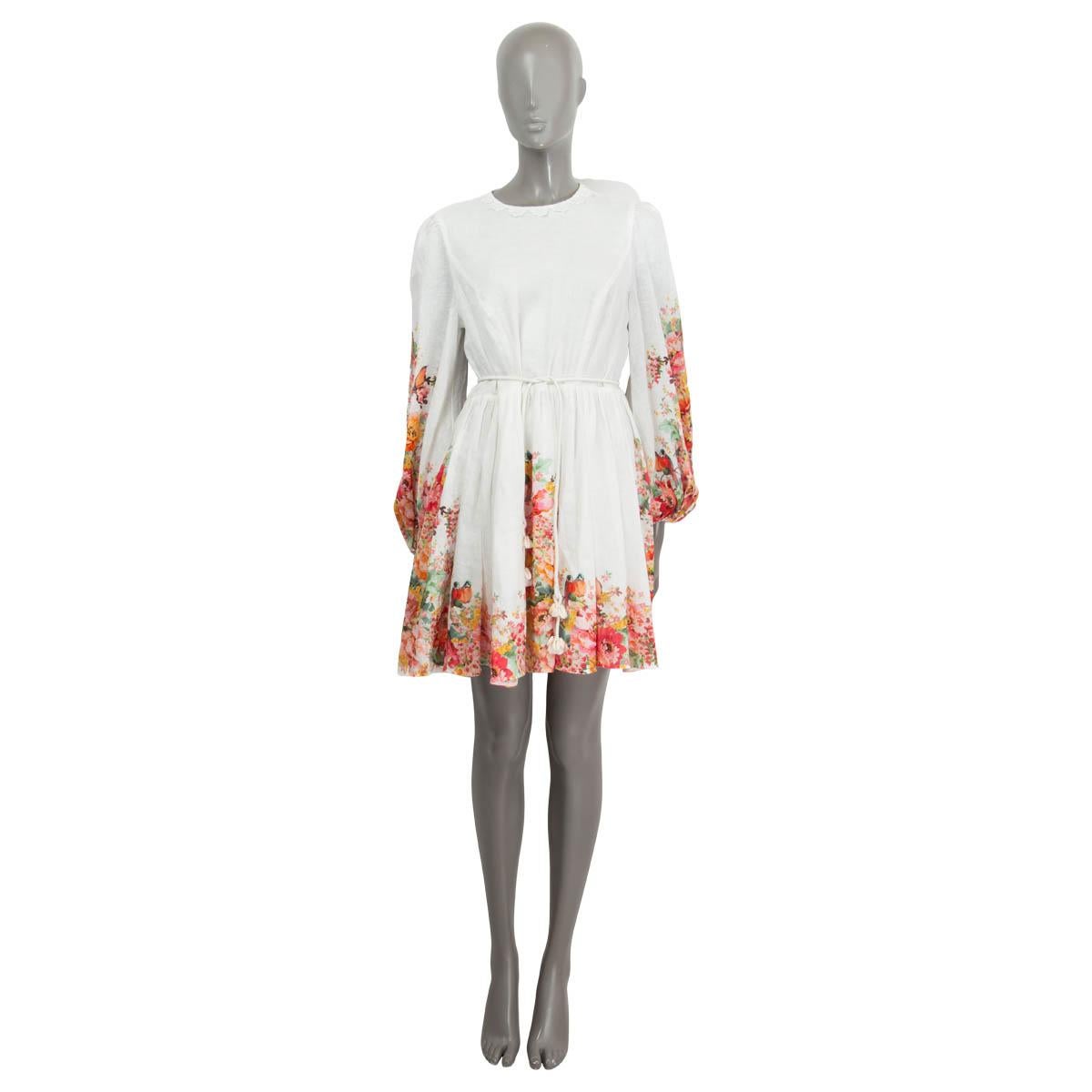 100% authentic Zimmermann Mae mini dress in ivory linen (100%). Lined in white cotton (100%). Opens with a concealed zip at the back. Features a floral and bird print, an embroidered round-neck, belt loops, two side slit pockets, elasticated cuffs