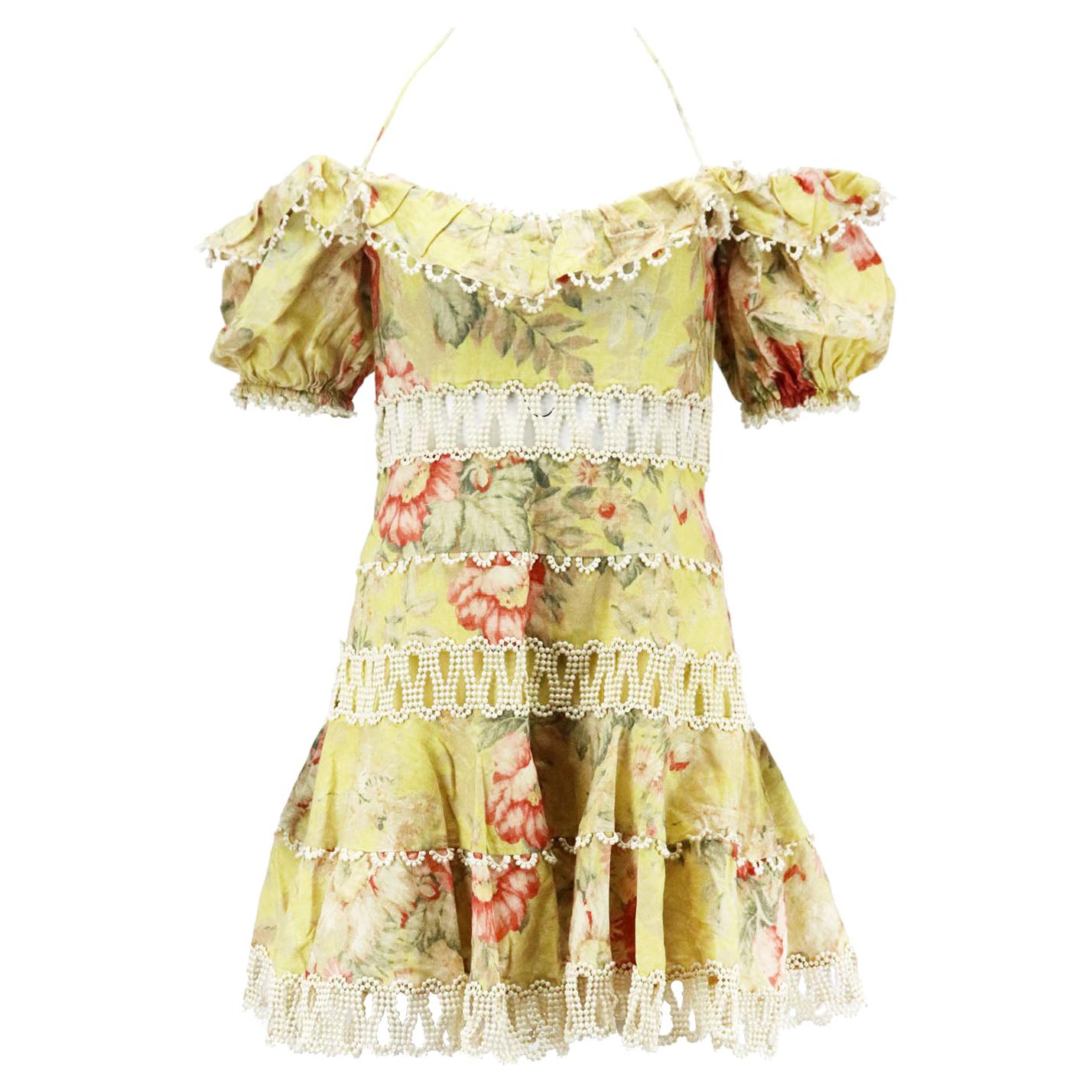 Zimmermann Jaya Wave Crochet Trimmed Floral Print Linen Blend Mini Dress UK 10