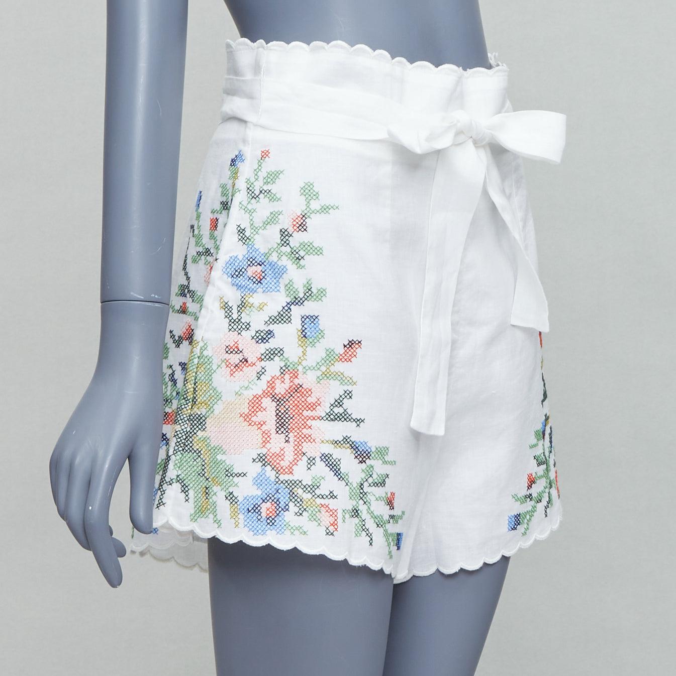 Gray ZIMMERMANN Juliette white linen floral embroidery belted shorts US2 XXS For Sale
