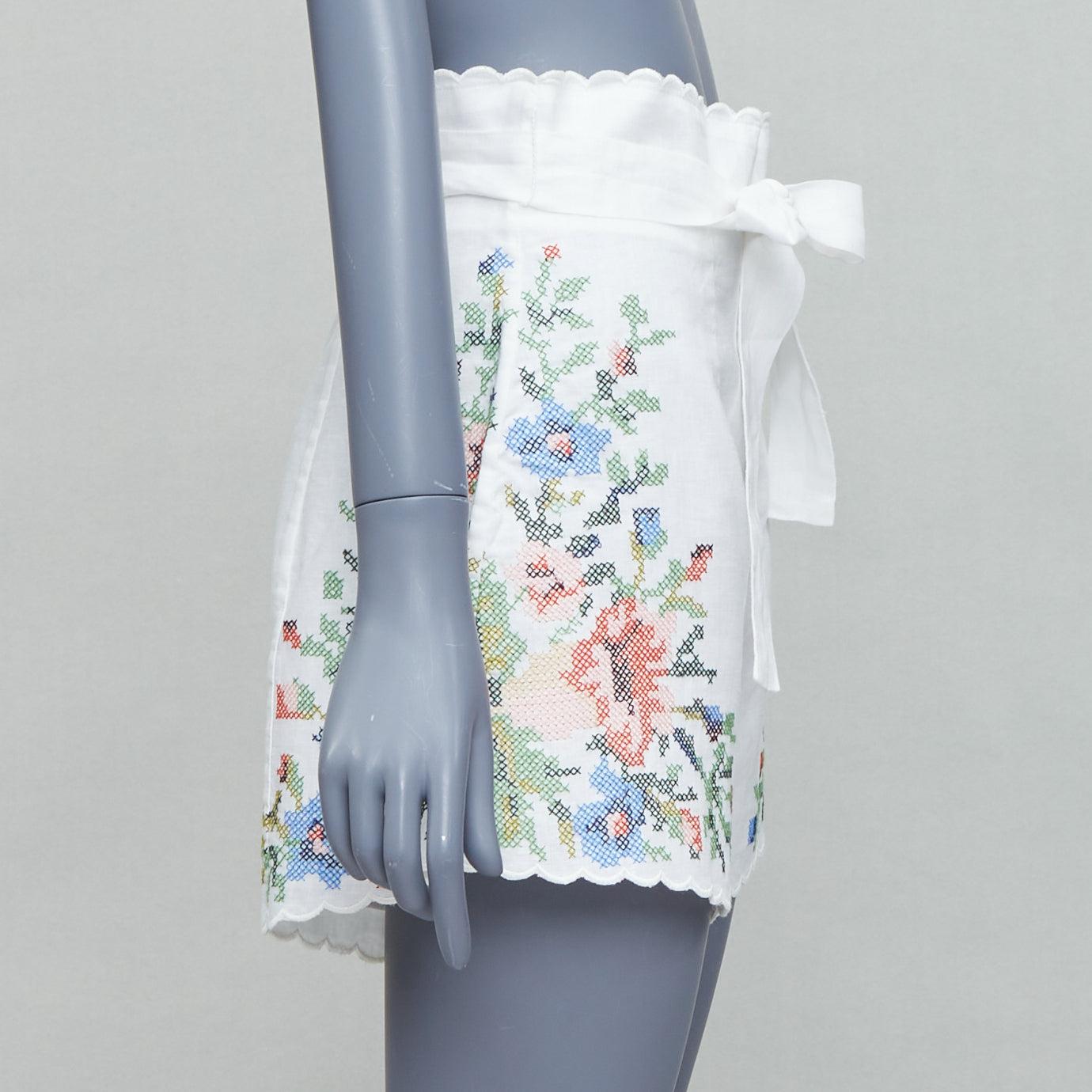 ZIMMERMANN Juliette white linen floral embroidery belted shorts US2 XXS In Excellent Condition For Sale In Hong Kong, NT