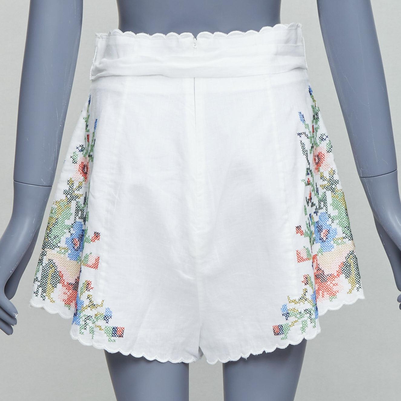Women's ZIMMERMANN Juliette white linen floral embroidery belted shorts US2 XXS For Sale