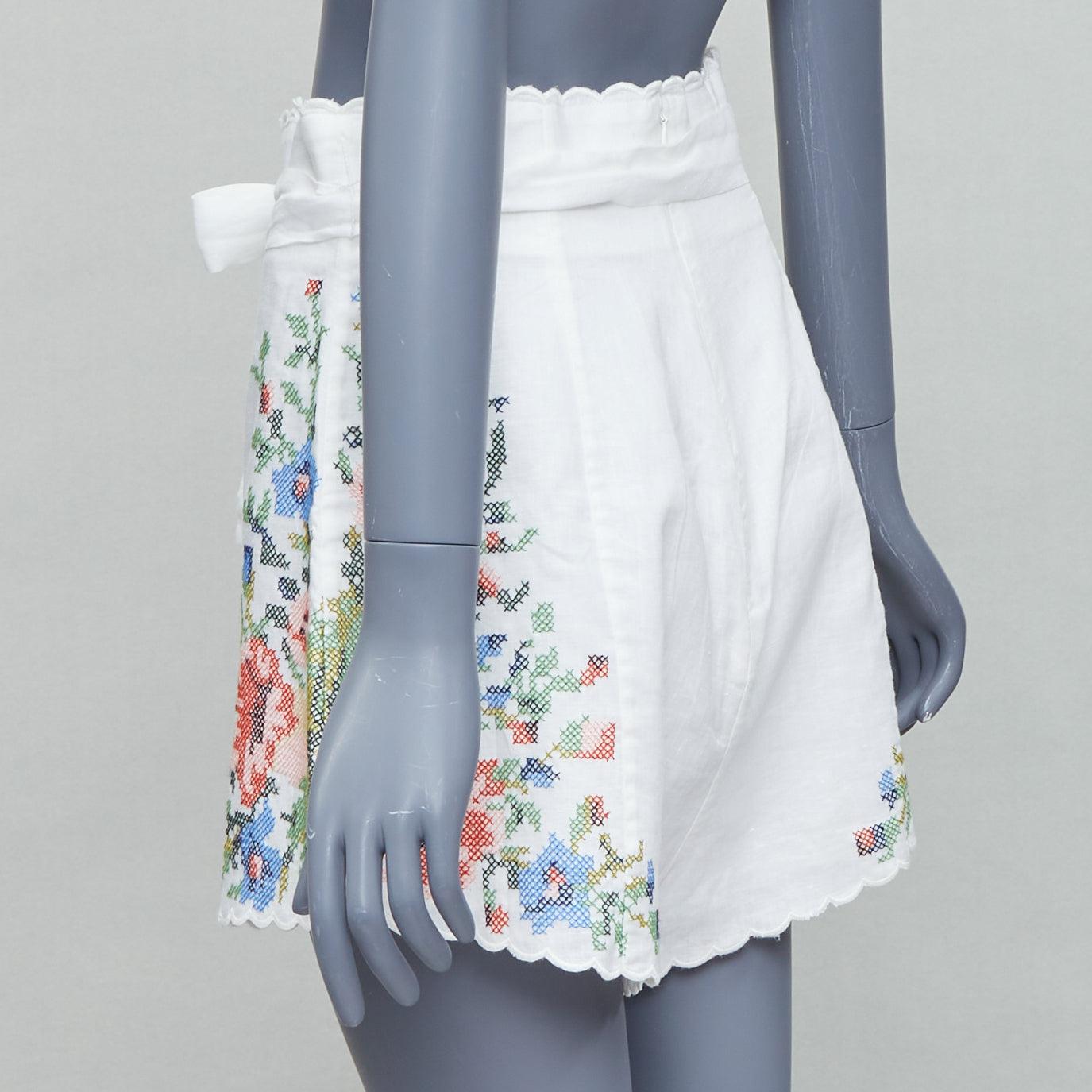 ZIMMERMANN Juliette white linen floral embroidery belted shorts US2 XXS For Sale 1