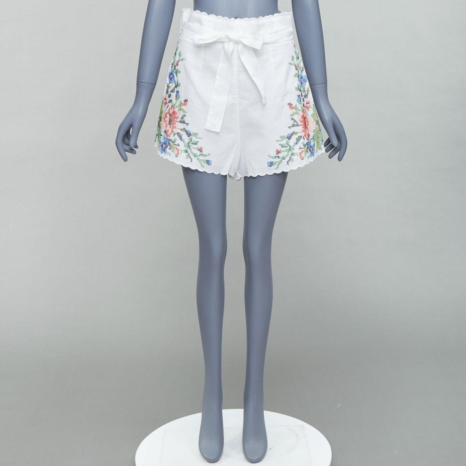 ZIMMERMANN Juliette white linen floral embroidery belted shorts US2 XXS For Sale 4
