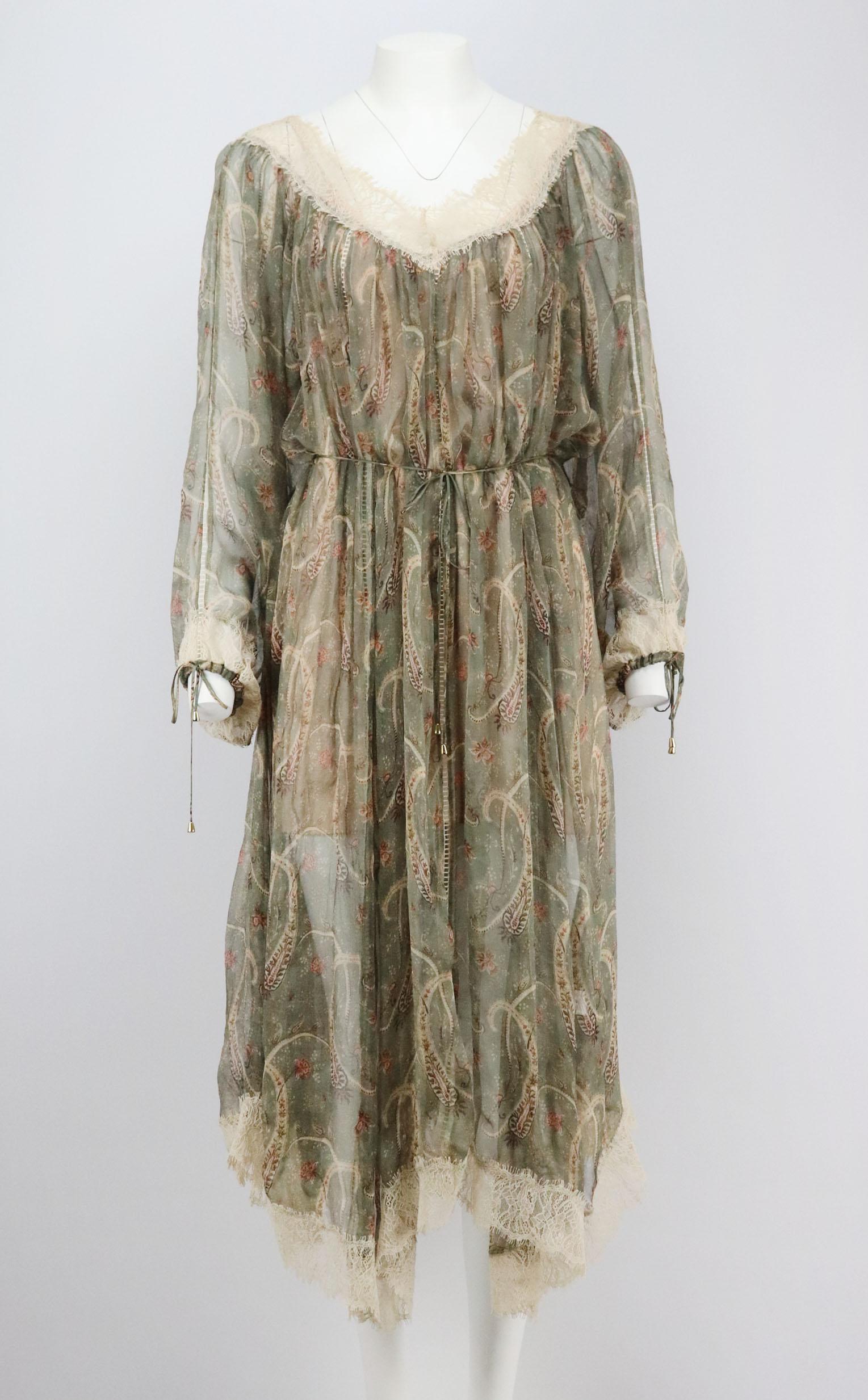 This Zimmermann midi dress is cut from semi-sheer silk-chiffon and has a paisley-print throughout, decorated with romantic lace trim along the neckline and hem, it has a long tie to cinch your waist and create volume in the silhouette.
Multicoloured