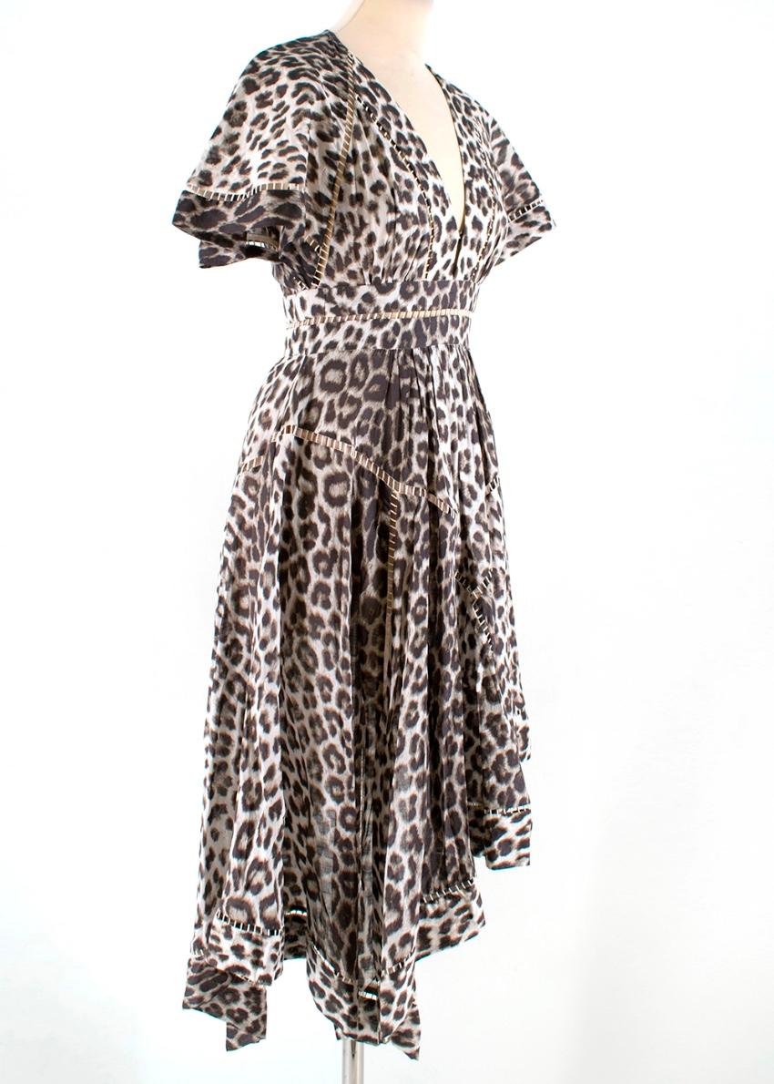 Zimmermann - leopard print asymmetrical dress

- v-neck
- lose fit with fitted waist
- cut out details
- lined skirt 
- asymmetrical handkerchief skirt 
- lightweight
- pleated detail at the chest and waist 

- 100% Cotton
- hand wash 
- made in