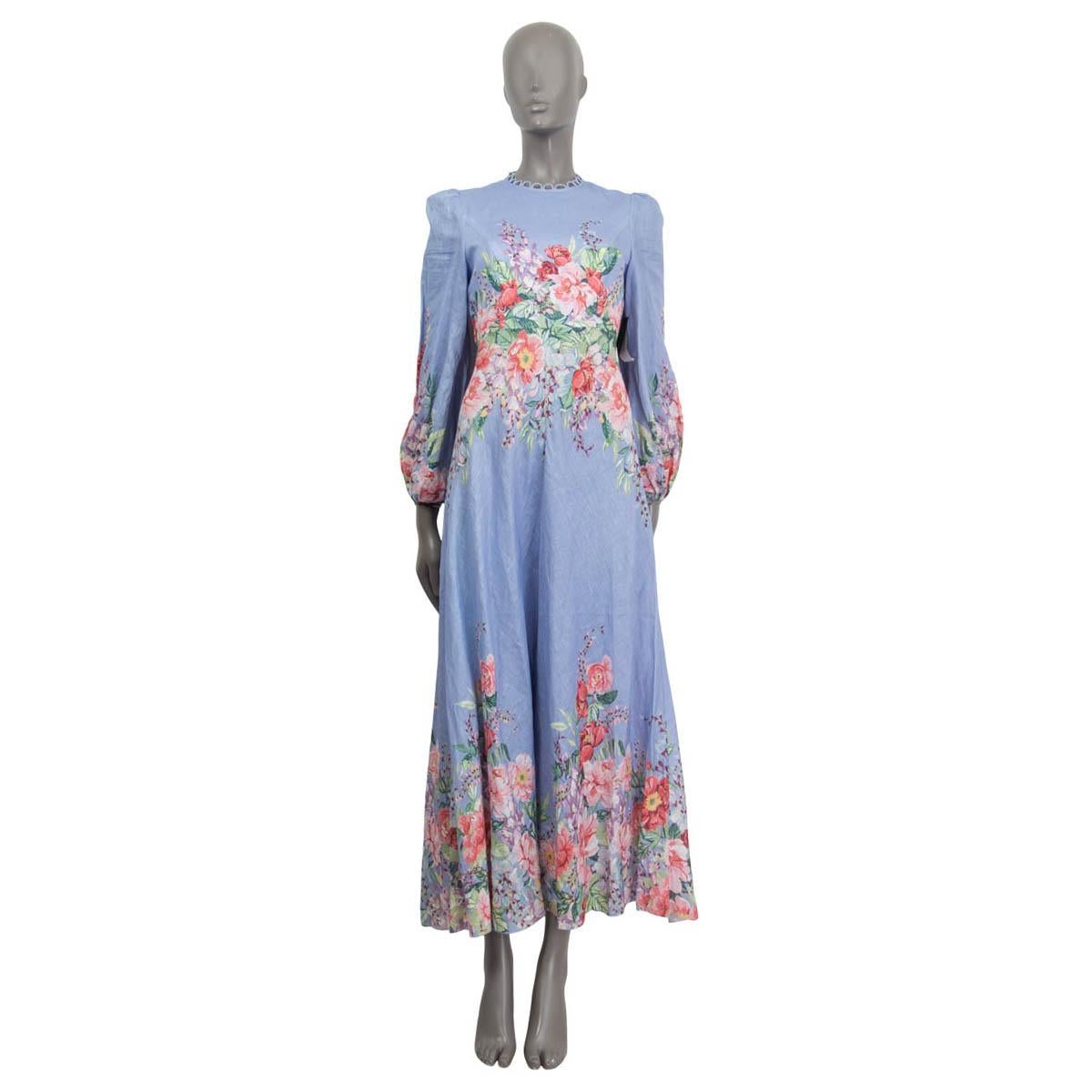 100% authentic Zimmermann 'Bellitude' long sleeve dress in blue linen (100%). Features floral print in pink, rose, green and light green and a high round neck with a curved piping trim. Opens with a concealed zipper on the back. Lined in blue cotton
