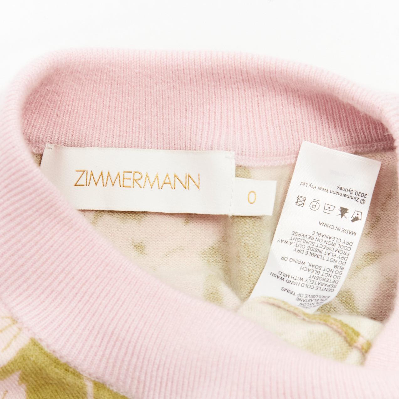 ZIMMERMANN Lovestruck green pink floral intarsia cashmere blend sweater US0 XS For Sale 4