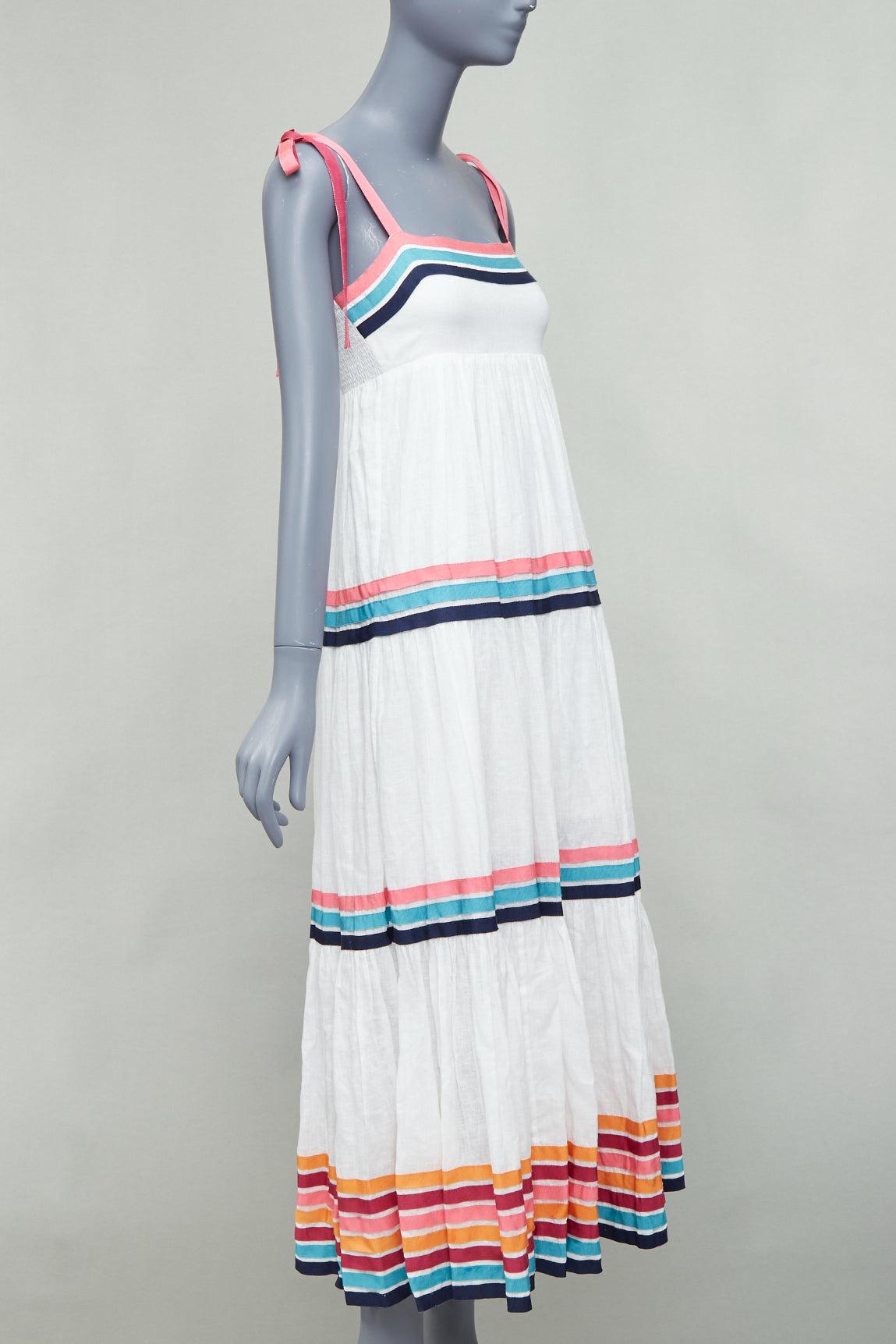 Gray ZIMMERMANN Lulu white pink multicolor stripe trim shirred midi dress Sz1 S For Sale