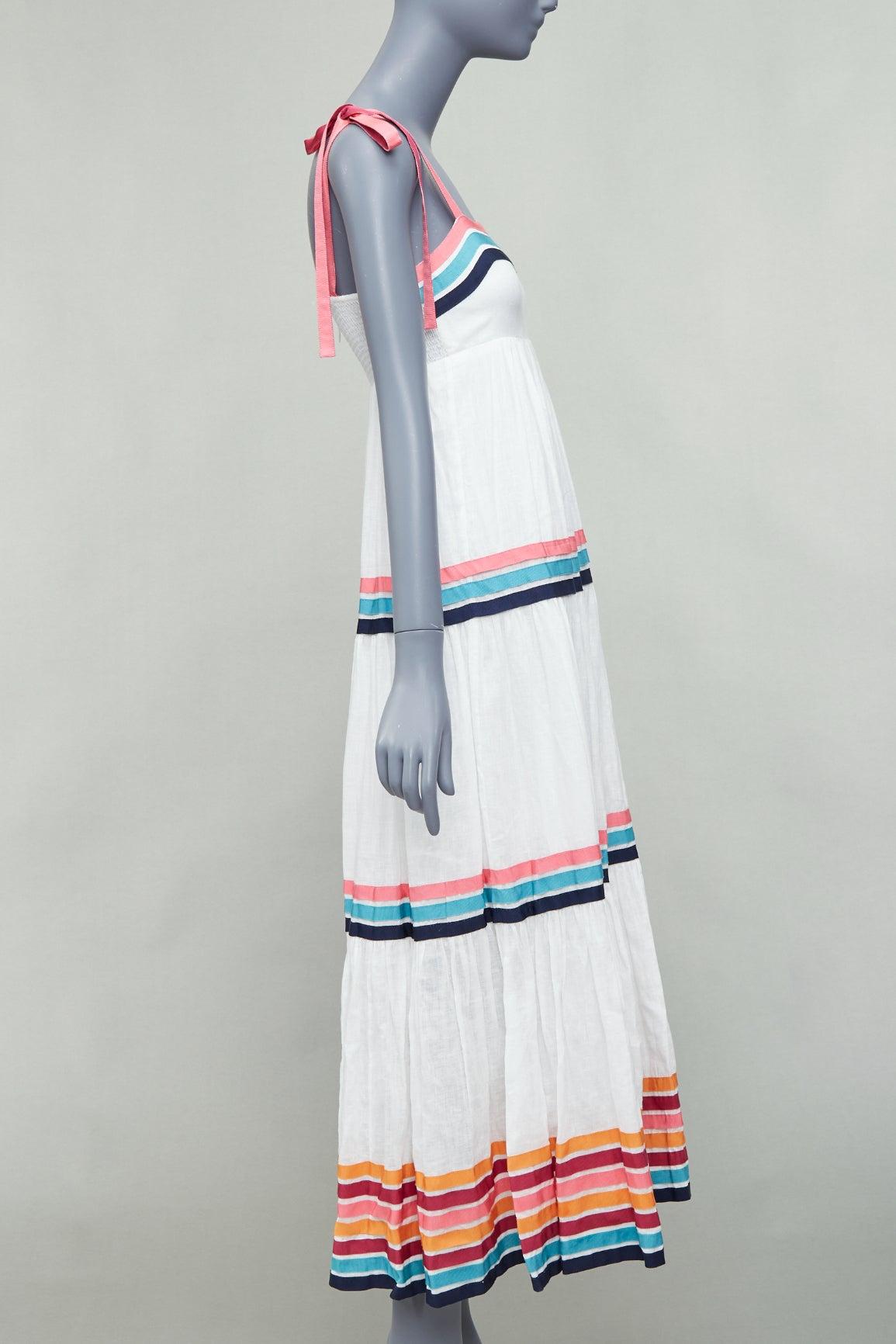 ZIMMERMANN Lulu white pink multicolor stripe trim shirred midi dress Sz1 S In Excellent Condition For Sale In Hong Kong, NT