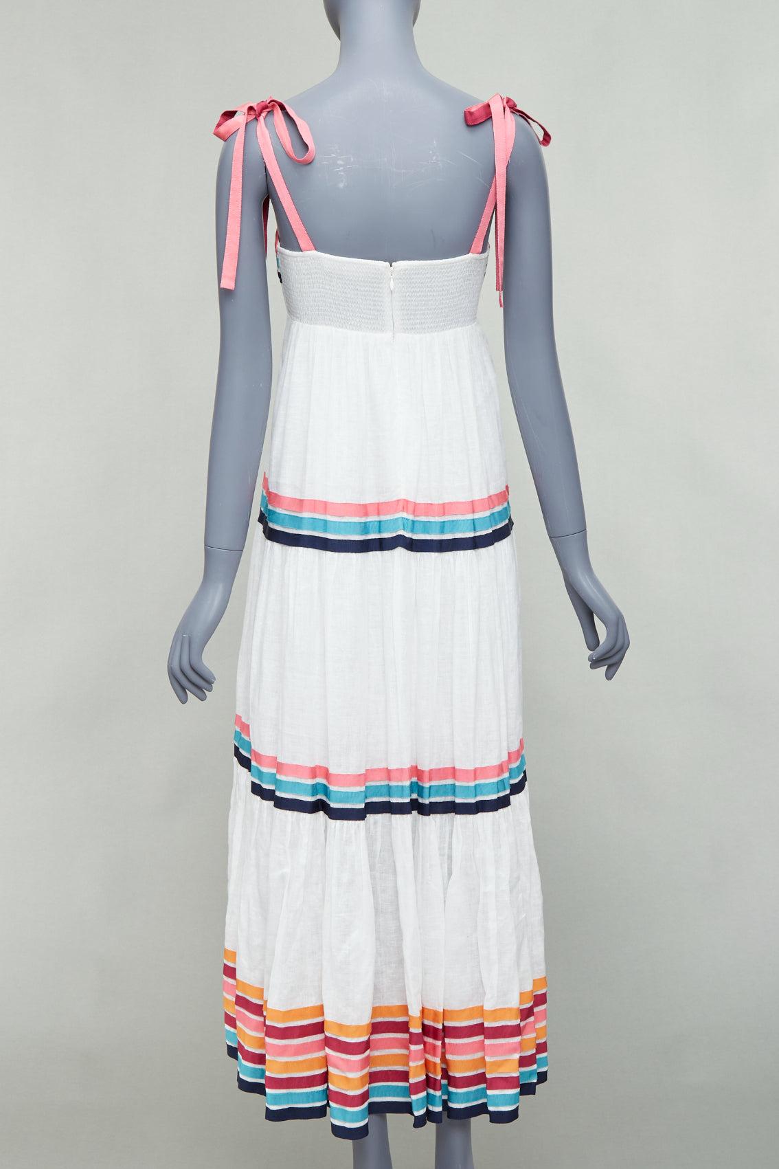 Women's ZIMMERMANN Lulu white pink multicolor stripe trim shirred midi dress Sz1 S For Sale