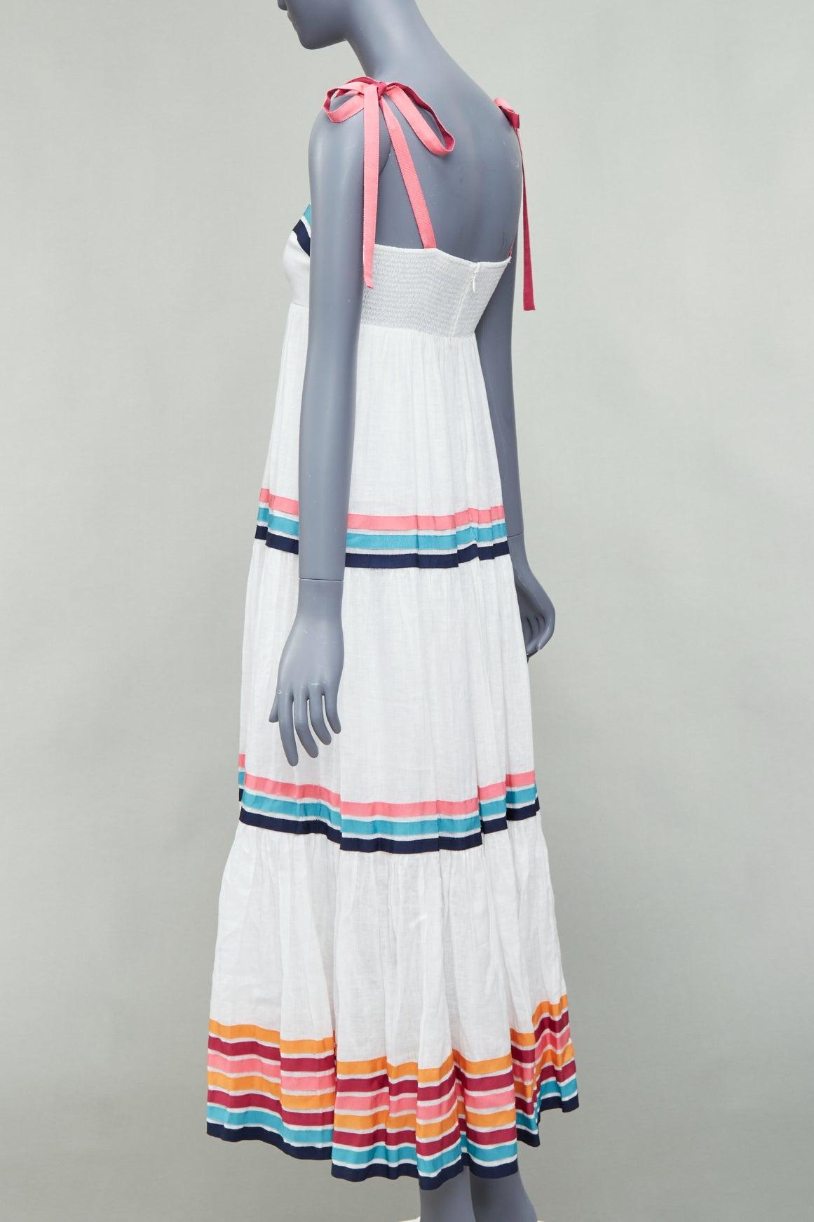 ZIMMERMANN Lulu white pink multicolor stripe trim shirred midi dress Sz1 S For Sale 1