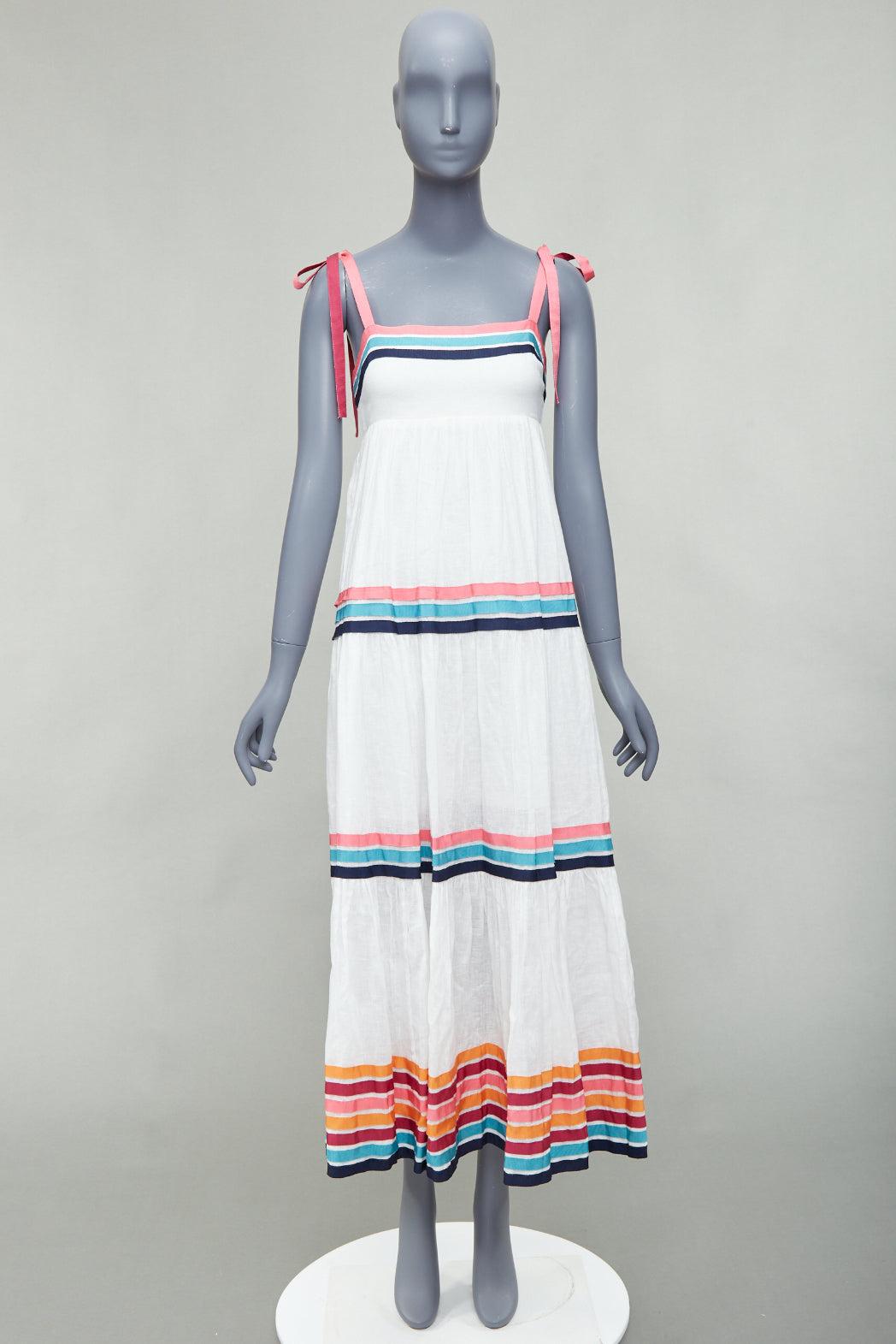 ZIMMERMANN Lulu white pink multicolor stripe trim shirred midi dress Sz1 S For Sale 4