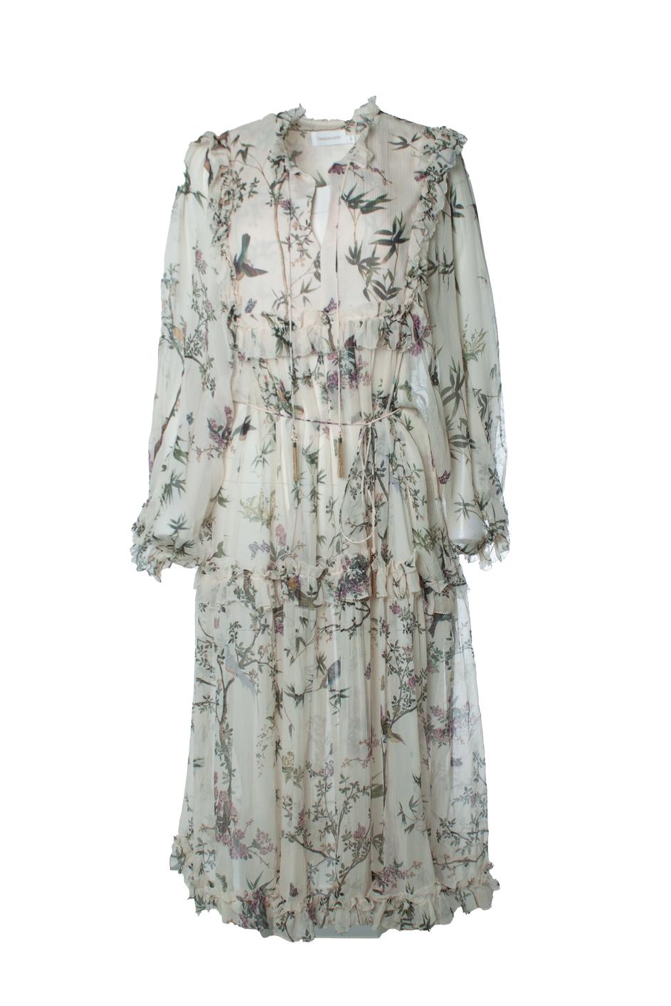 Zimmermann, Maples frill maxi dress. The item is new - unworn. Comes with slip dress.

CONDITION: new - unworn

SIZE: 3 - L

MEASUREMENTS: length 122 cm, width 43 cm, waist 50 cm, shoulder width 42 cm, sleeve length 57 cm

MATERIAL: 100% silk

CARE: