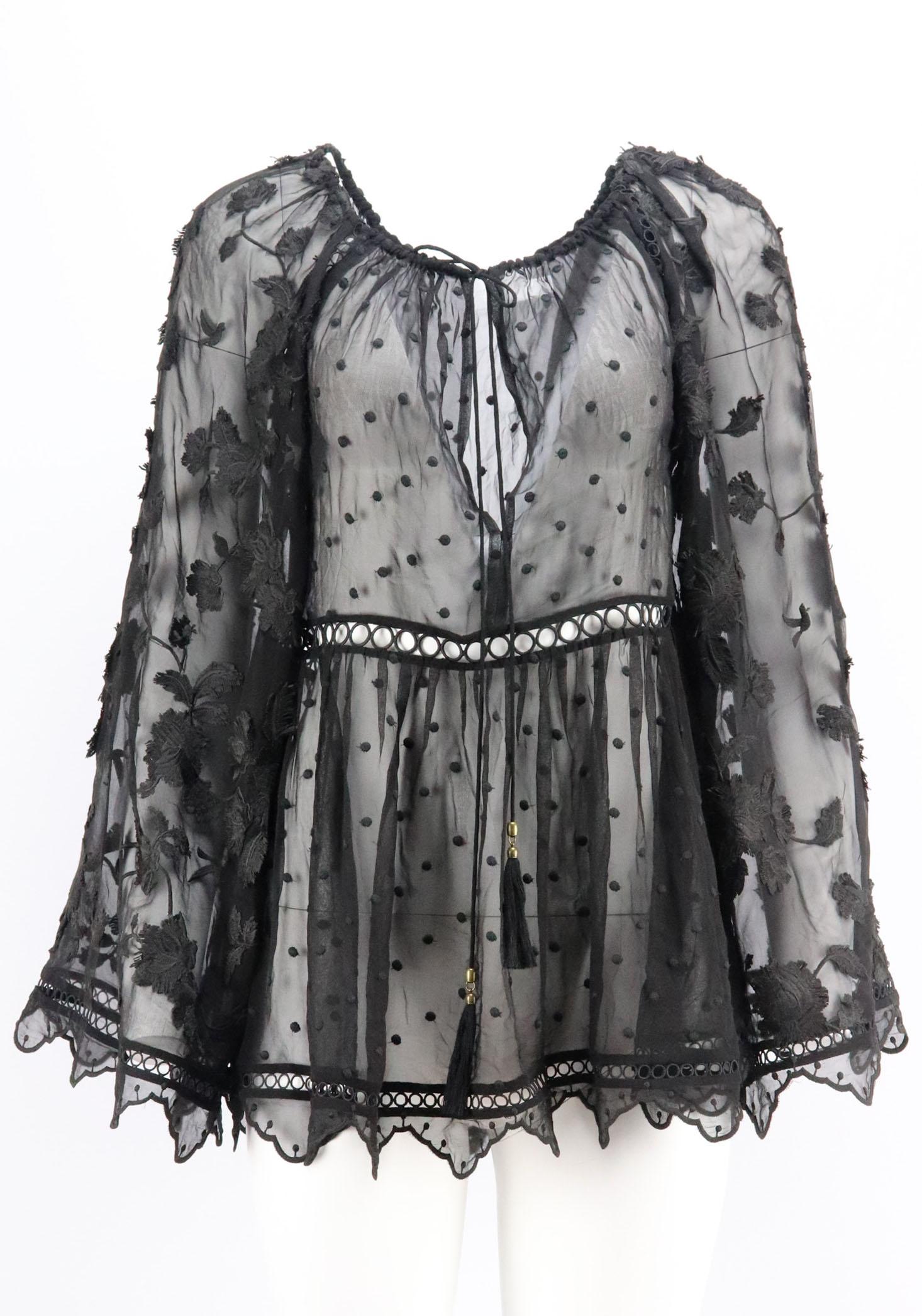 This Mercer top by Zimmermann is cut from silk-georgette and embroidered with polka-dots and intricate flowers, this piece is trimmed with circular crochet-lace and finished with long tasseled ties at the neck.
Black silk-georgette.
Slips on.
100%