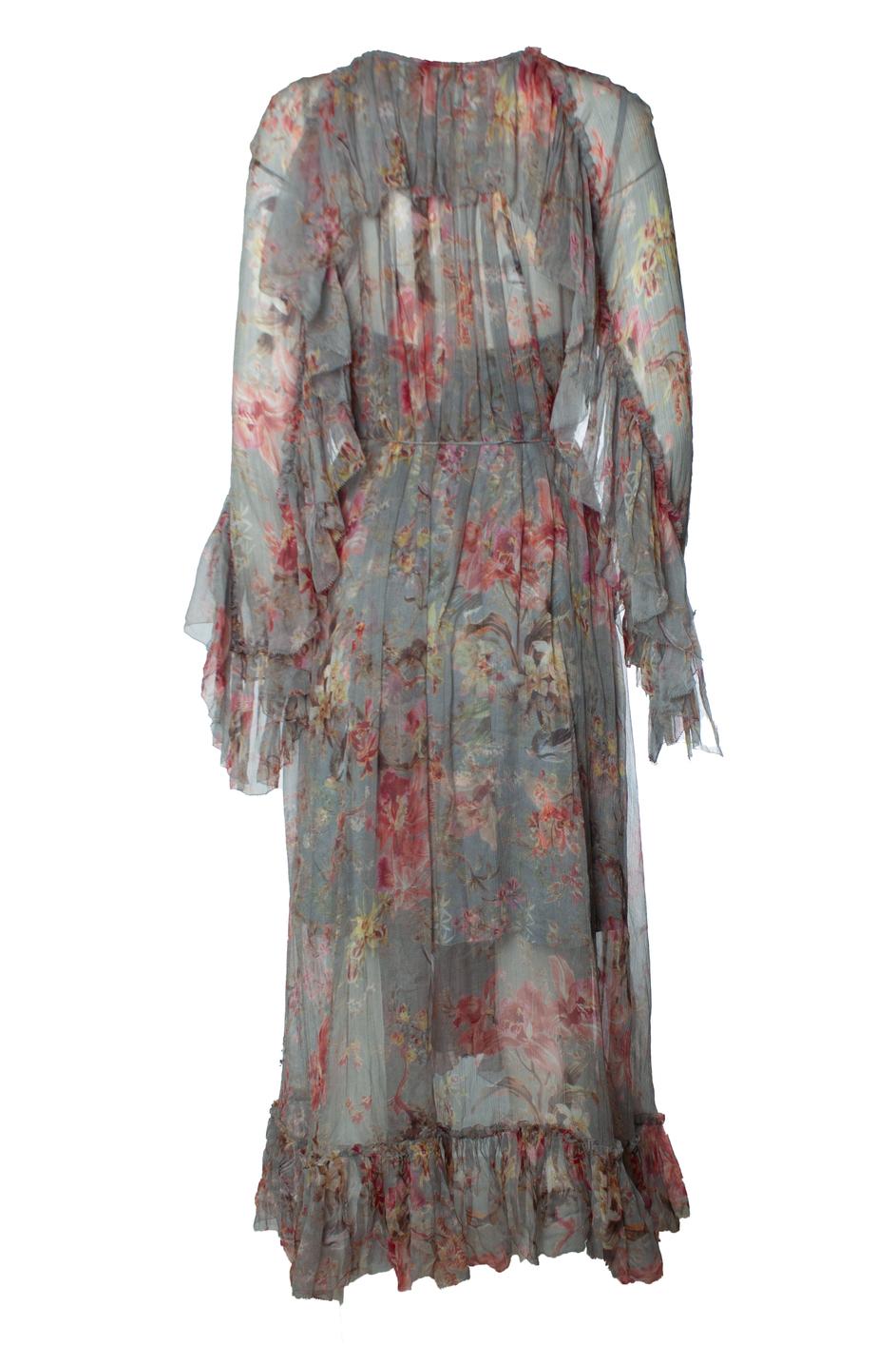 Zimmermann, mercer floating maxi dress in grey. The item is new. Comes with slip dress.

CONDITION: new

SIZE: 3 - L

MEASUREMENTS: length 127 cm, width 66 cm, waist 66 cm, shoulder width 46 cm, sleeve length 53 cm

MATERIAL: 100% silk

CARE: dry