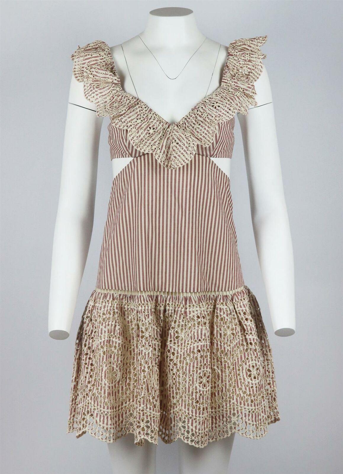 Zimmermann's 'Meridian' dress is made from intricate broderie anglaise cotton and fully lined for coverage, it has flouncy ruffled trims and a cutout at the back and sides for a fun feel.
Pink and cream cotton.
Hook and zip fastening at back.
100%
