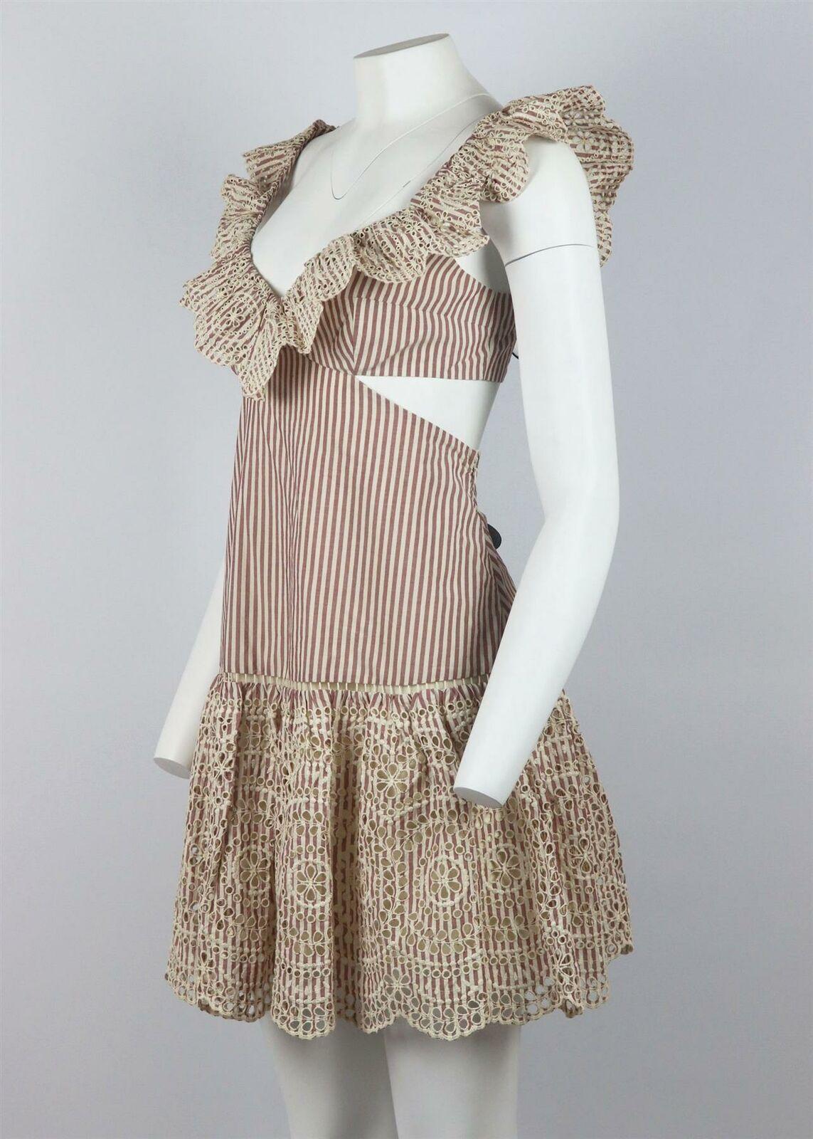 Zimmermann Meridian Minivestido de algodón broderie anglaise a rayas con recorte Marrón