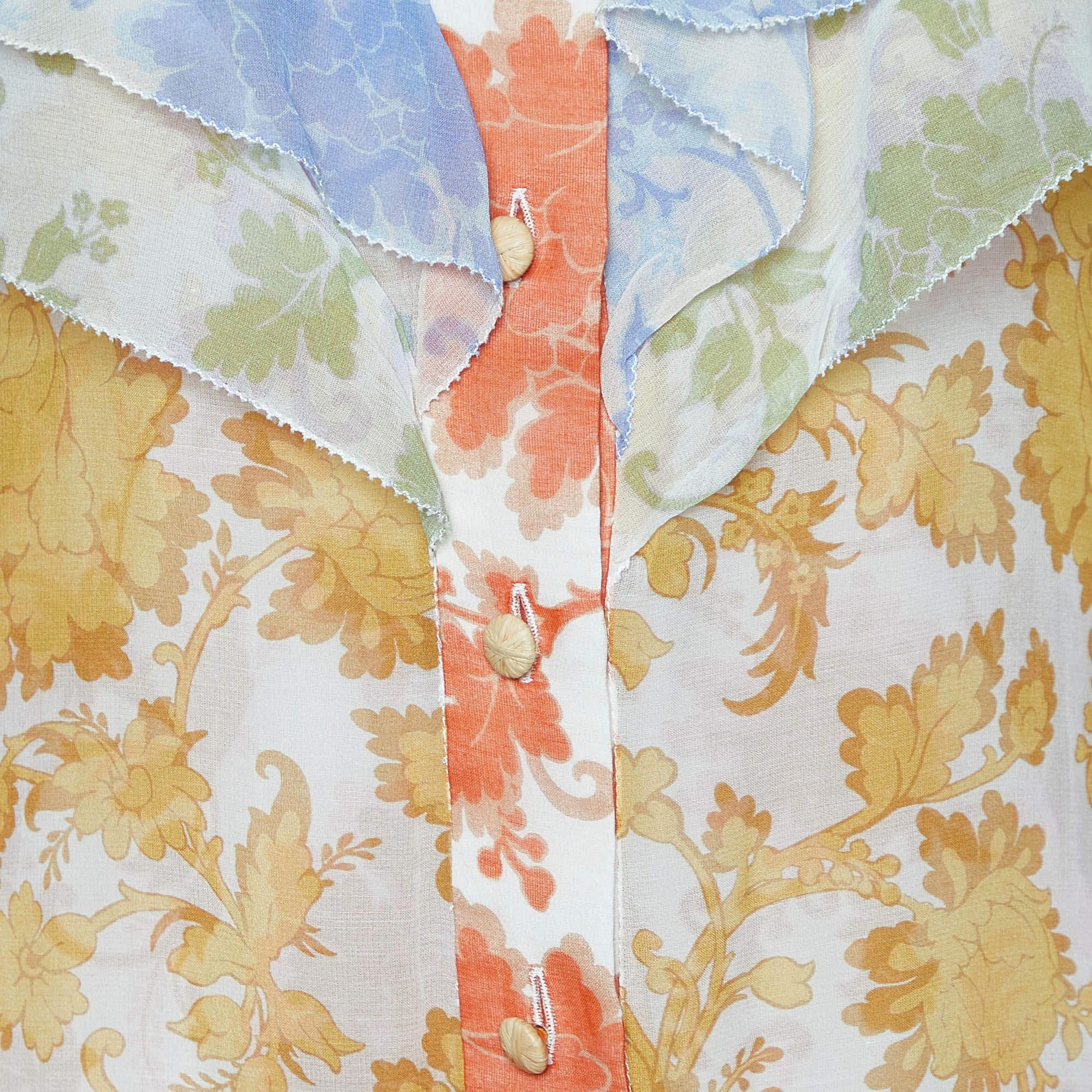 Beige Zimmermann Mulitcolor Floral Print Silk Blend Ruffled Shirt XS