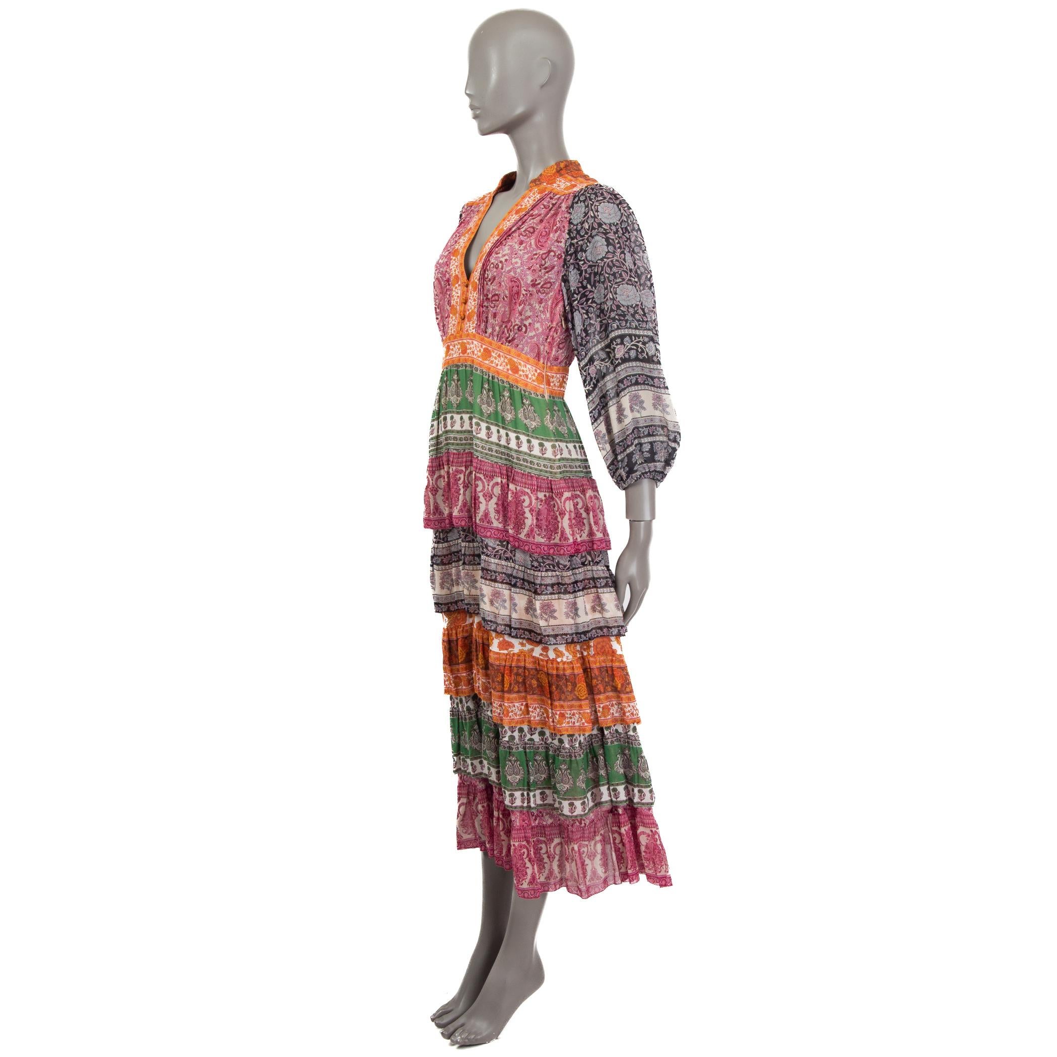 100% authentic Zimmermann Amari tiered midi dress in orange, black, purple, green and beige cotton (76%) and silk (24%) voile. Features 3/4 sleeves and a paisley & floral print. Opens with three buttons at the front and a concealed zipper at the