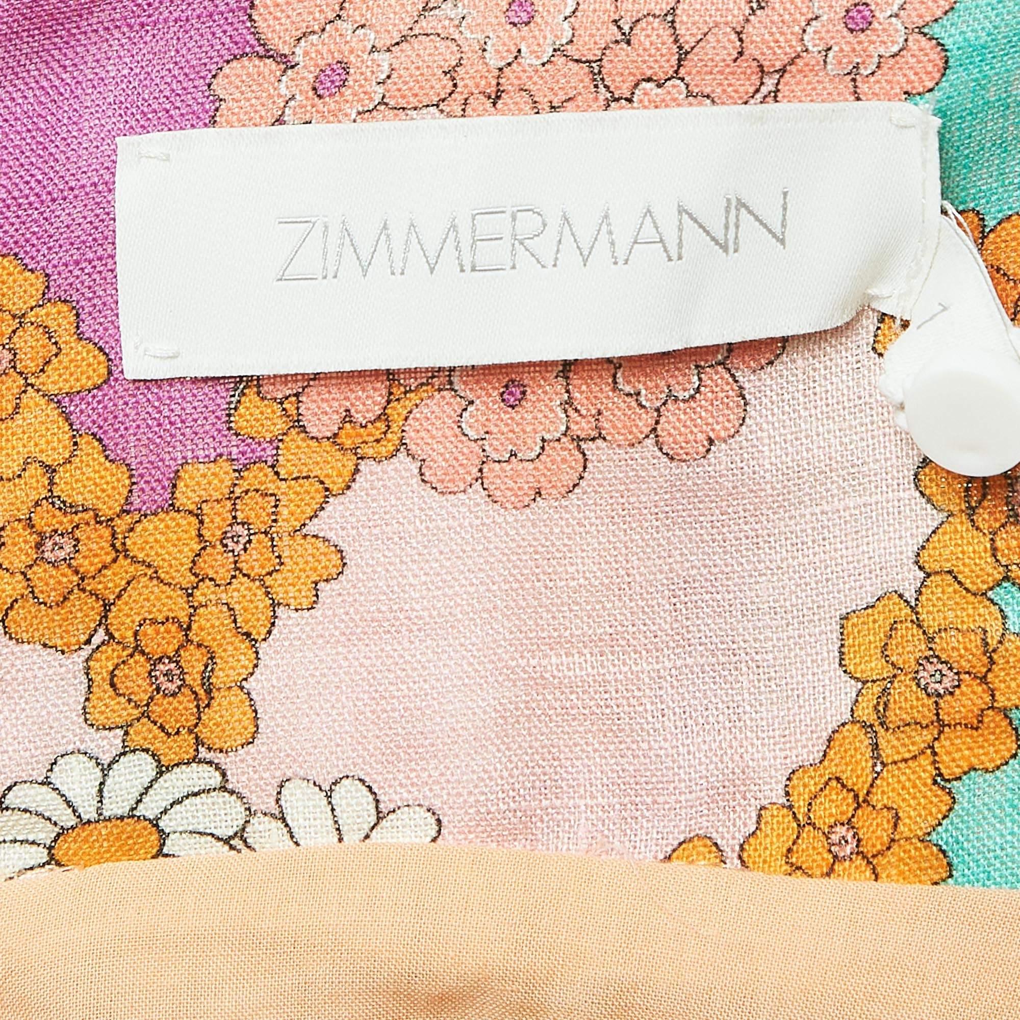 Women's Zimmermann Multicolor Floral Print Linen Lola Panelled Mini Dress M For Sale