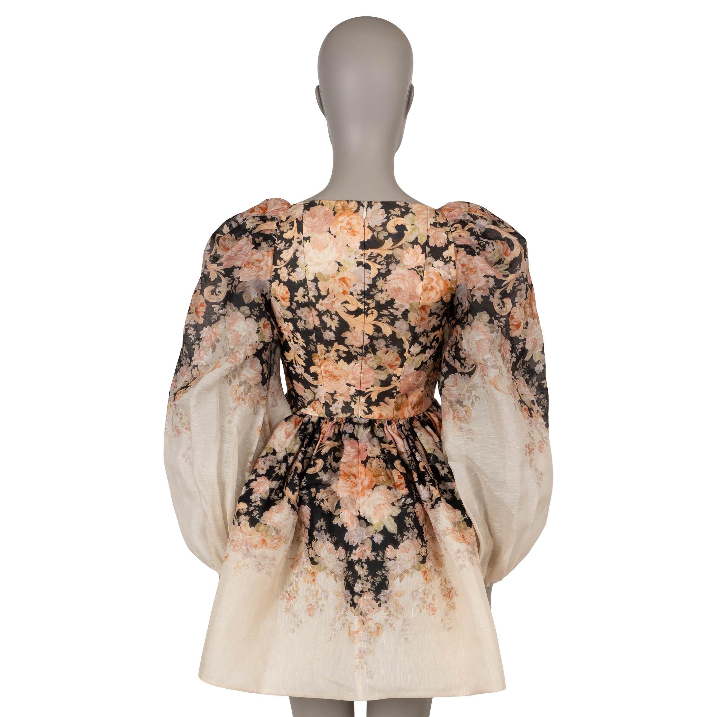 ZIMMERMANN nude linen 2024 ILLUSTRATION TEA ROCOCOCO FLORAL MINI Kleid 0 XS (Braun) im Angebot