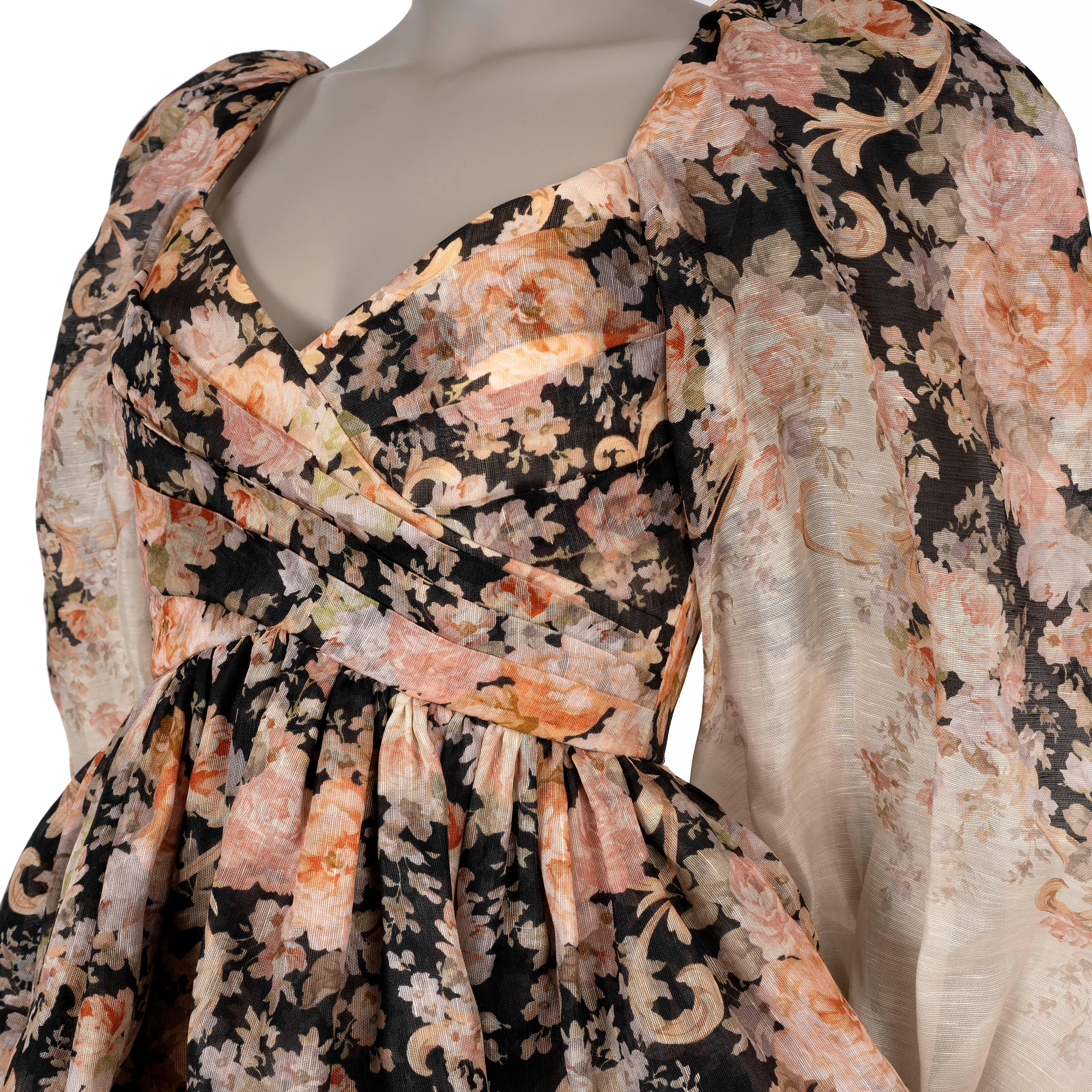 ZIMMERMANN nude linen 2024 ILLUSTRATION TEA ROCOCOCO FLORAL MINI Kleid 0 XS Damen im Angebot