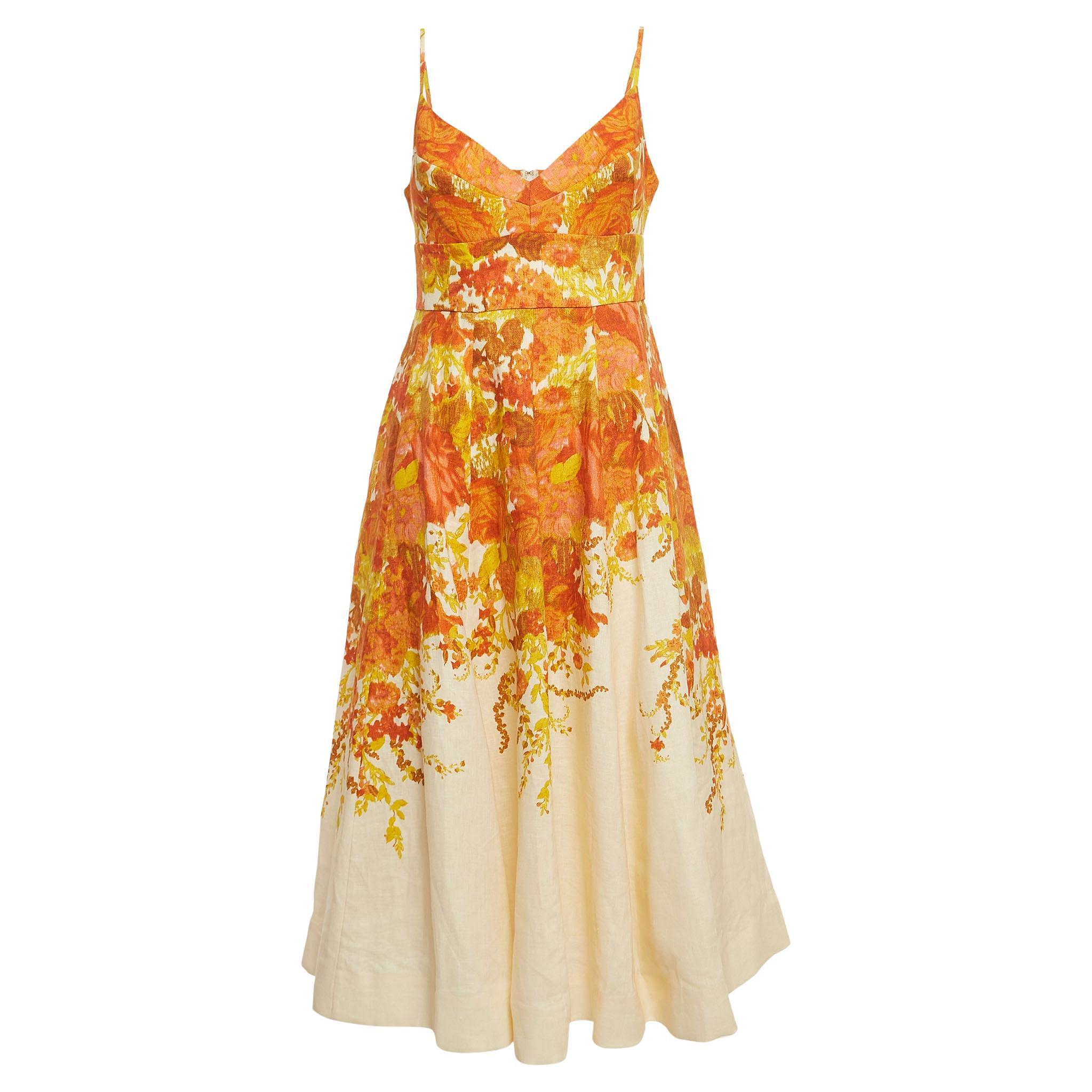 Zimmermann Orange/Cream Printed Linen Midi Dress M