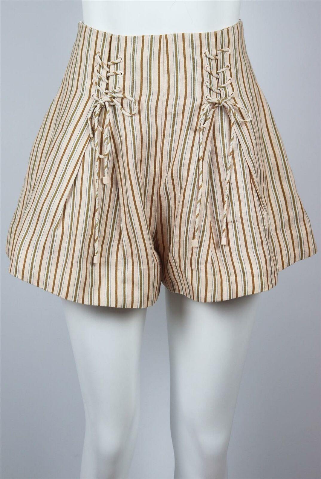 Zimmermann's light-pink, brown and ivory striped linen Painted shorts are cut for a skirt-like volume that falls from a high-rise with corset-style around the waist.
Light-pink, brown and ivory linen.
Zip fastening at back.
100% Linen; lining: 51%