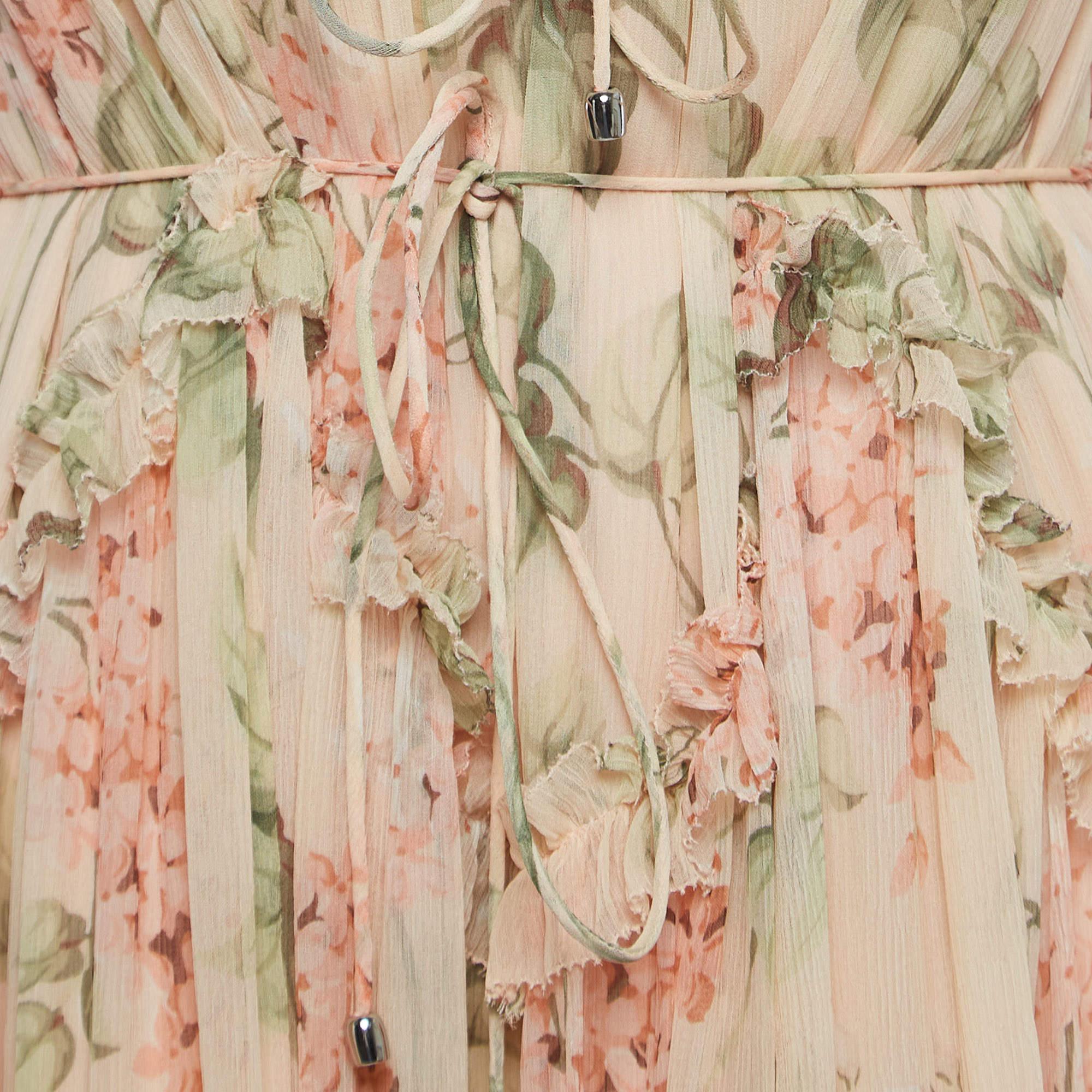Zimmermann Peach Beige Floral Printed Chiffon Midi Dress S In Excellent Condition In Dubai, Al Qouz 2