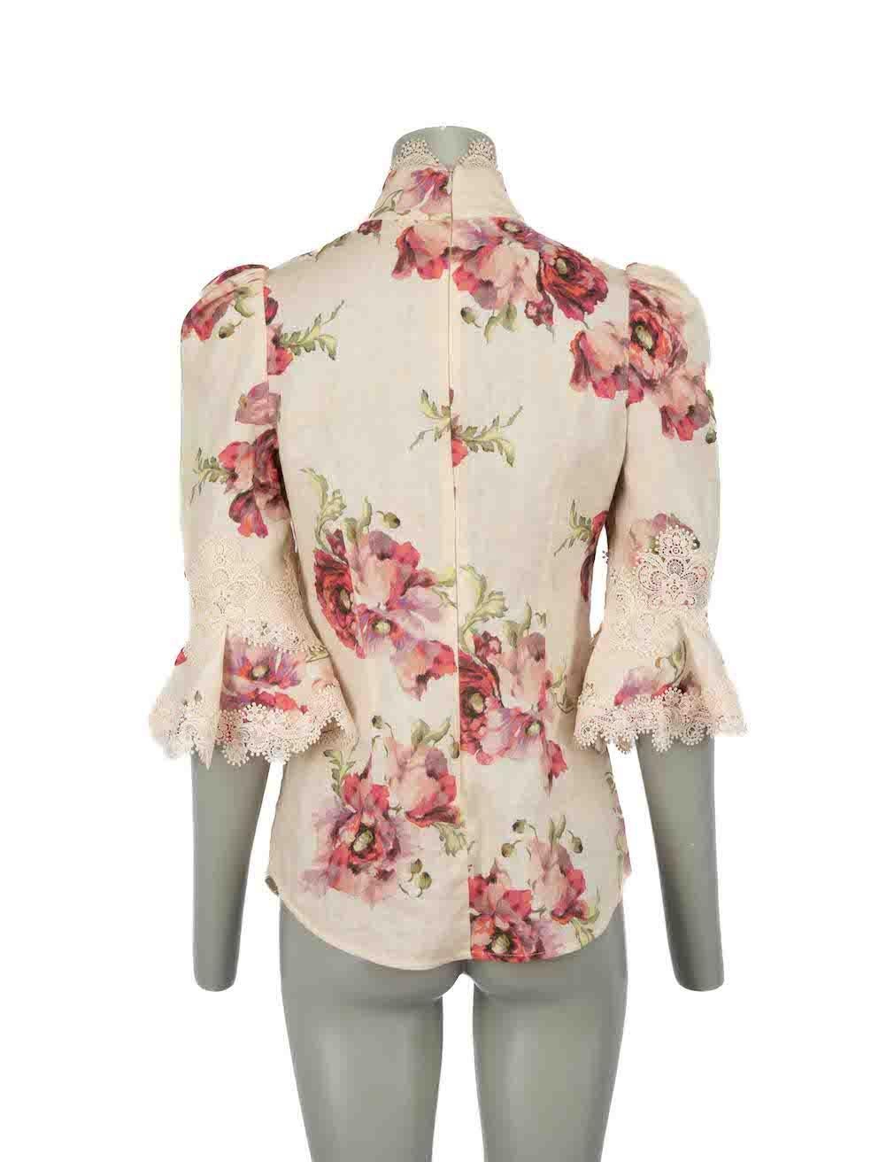 Zimmermann Pink Floral Lace Trim Blouse Size S In Excellent Condition In London, GB
