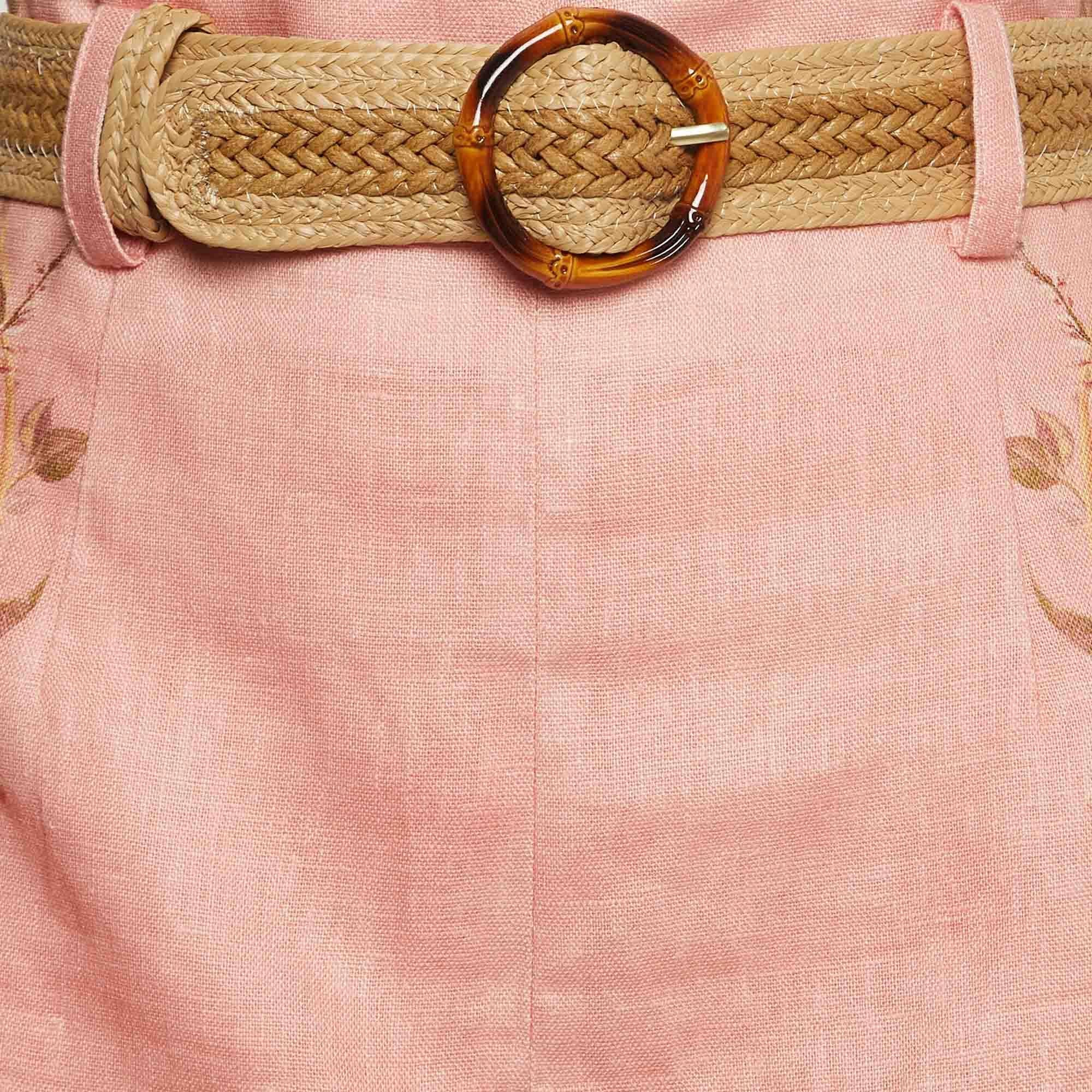 Women's Zimmermann Pink Floral Print Linen Belted Shorts M