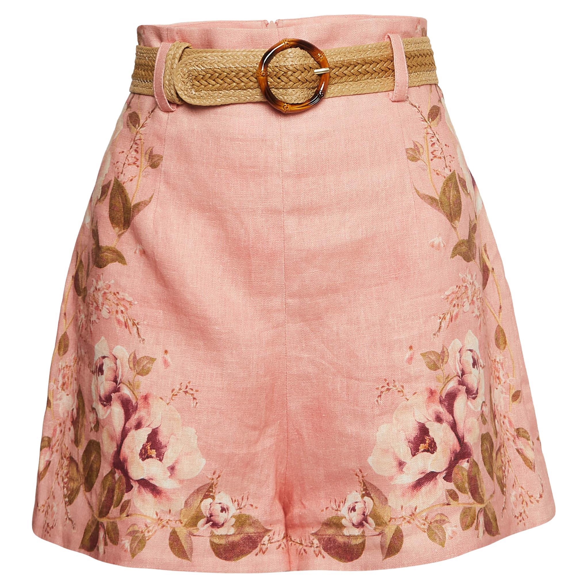 Zimmermann Pink Floral Print Linen Belted Shorts M
