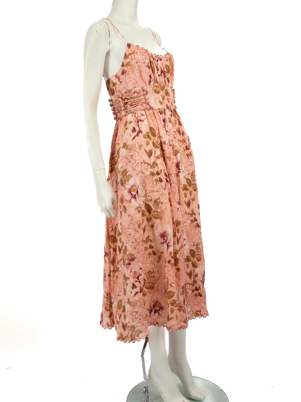 CONDITION is Never worn. No visible wear to the dress is evident on this new Zimmermann designer resale item.
 
 Details
 Pink
 Linen
 Dress
 Floral print
 Sleeveless
 Adjustable shoulder straps
 Back zip fastening
 
 
 Made in China
 
 Composition
