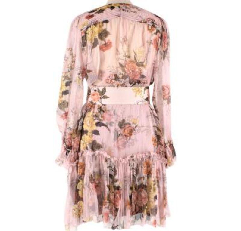 Zimmermann Pink Floral Silk Chiffon Dress with Floral Slip & Belt

- Crinkled sheer silk flowy dress in pale pink with yellow, pink and brown floral print 
- Matching slip dress in soft stretch fabric 
- Long sleeves with frilly cuffs and skirt
-