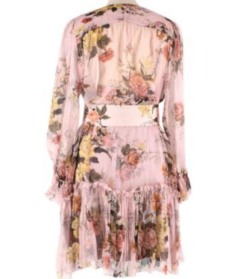 Zimmermann Pink Floral Silk Chiffon Dress with Floral Slip & Belt

- Crinkled sheer silk flowy dress in pale pink with yellow, pink and brown floral print 
- Matching slip dress in soft stretch fabric 
- Long sleeves with frilly cuffs and skirt
-