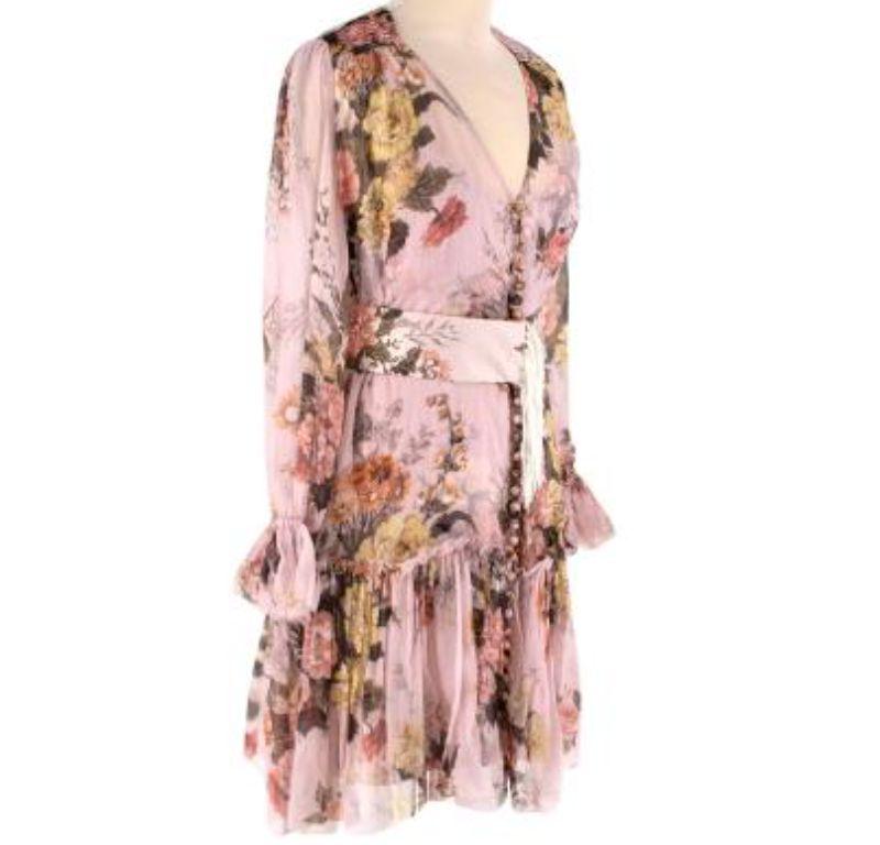 Zimmermann Pink Floral Silk Belted Chiffon Mini Dress In Excellent Condition For Sale In London, GB