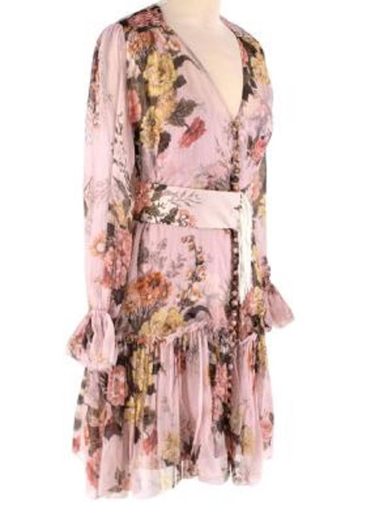 Zimmermann Pink Floral Silk Belted Chiffon Mini Dress For Sale at 1stDibs
