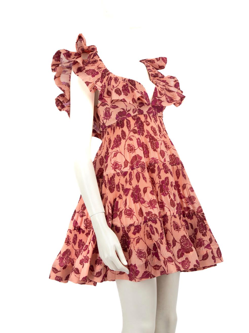 CONDITION is Very good. Minimal wear to the dress is evident, there is discolouration on the lining of this used Zimmermann designer resale item.
 
 Details
 
 
 Model: Lovestruck
 
 Pink
 
 Polyester
 
 Dress
 
 Mini
 
 Sleeveless
 
 Floral print
