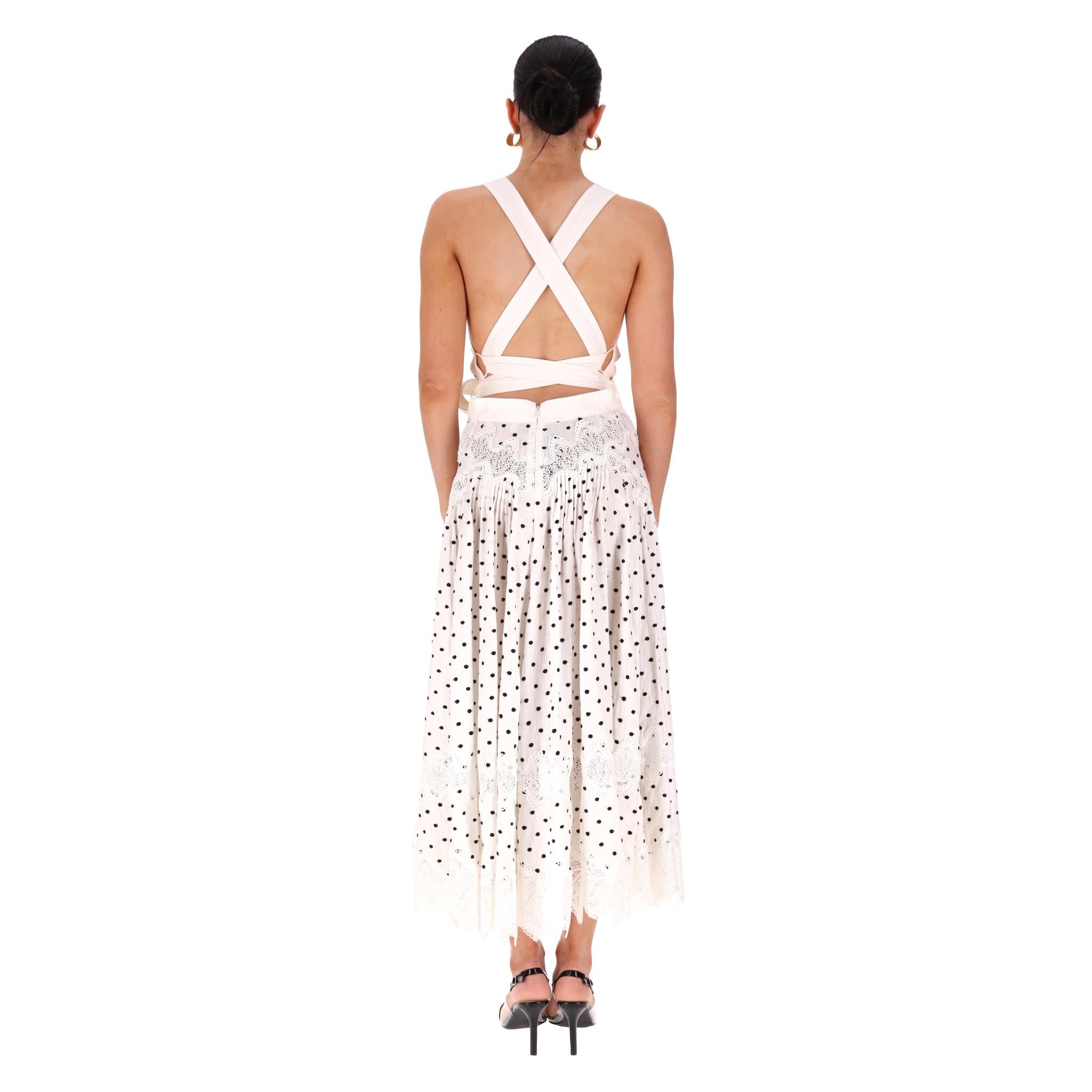 Zimmermann Polka-Dot Lace Embellished Apron Linen Dress In Good Condition For Sale In London, GB