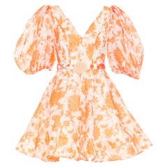 ZIMMERMANN Postcard orange floral linen silk puff sleeve flare mini dress Sz0 XS