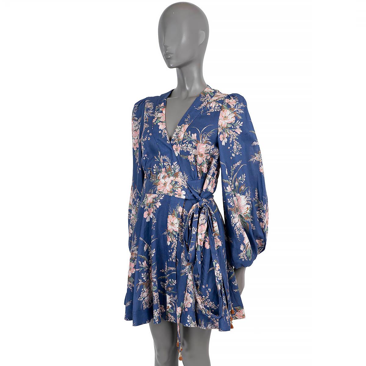 100% authentic Zimmermann moonshine floral wrap dress in  purple, pink, white, green and brown linen (100%). Features a fit and flare silhouette and balloon sleeves. Unlined. Has been worn and is in excellent condition. 

Measurements
Tag