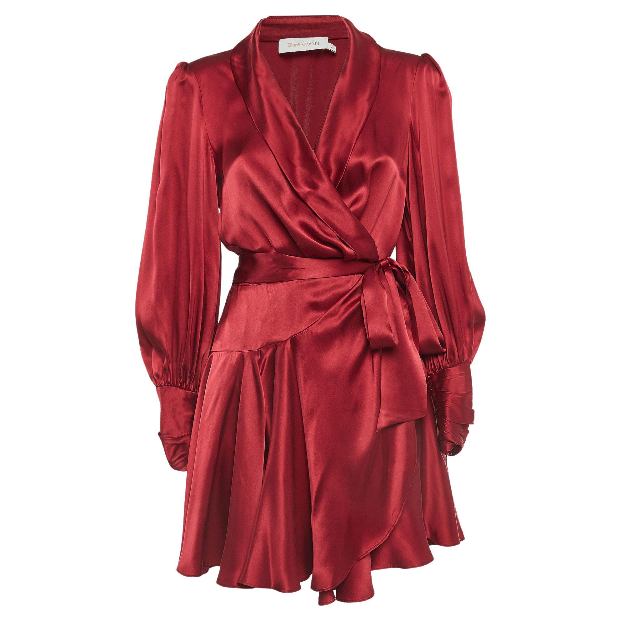 Zimmermann Red Silk Satin Blouson Sleeve Mini Wrap Dress M For Sale
