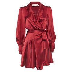 Used Zimmermann Red Silk Satin Blouson Sleeve Mini Wrap Dress M