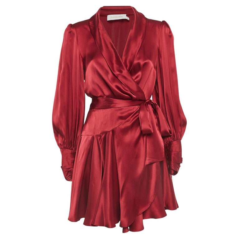 zimmermann espionage silk wrap mini dress Zimmermann Red Silk Satin Blouson Sleeve Mini Wrap Dress M at 1stDibs