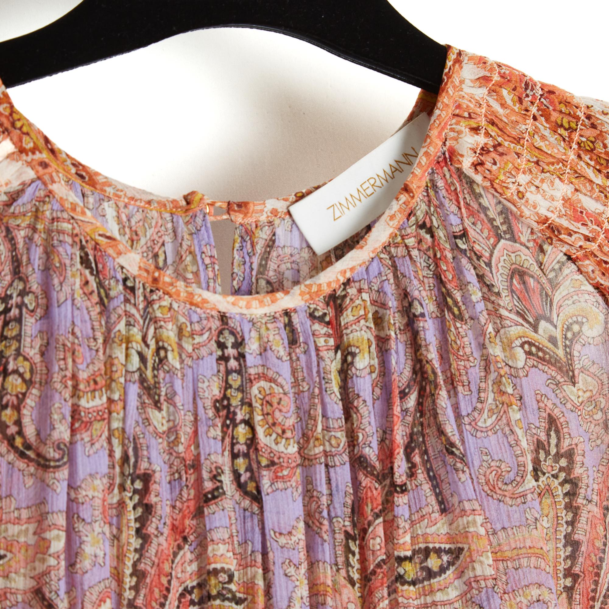 Marron Zimmermann Robe Longue T1 FR38 Boteh Silk Muslin Maxi Dress UK10 US8 Pristine en vente
