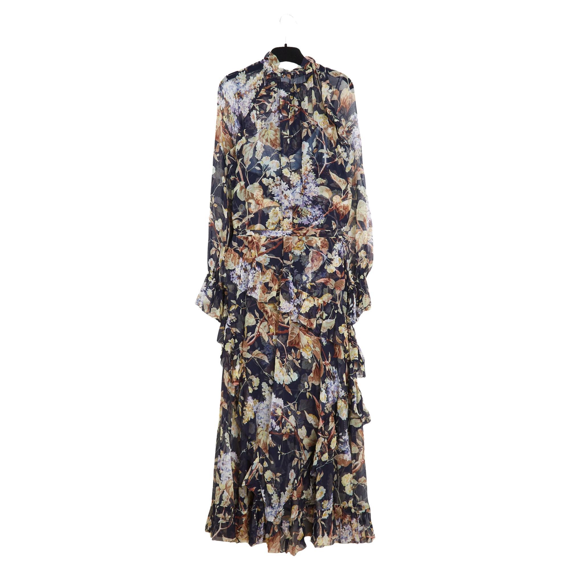 Zimmermann Robe Soie Noir FR40 Shabby Silk Muslin Ruffles Maxi Dress UK12 US10 For Sale