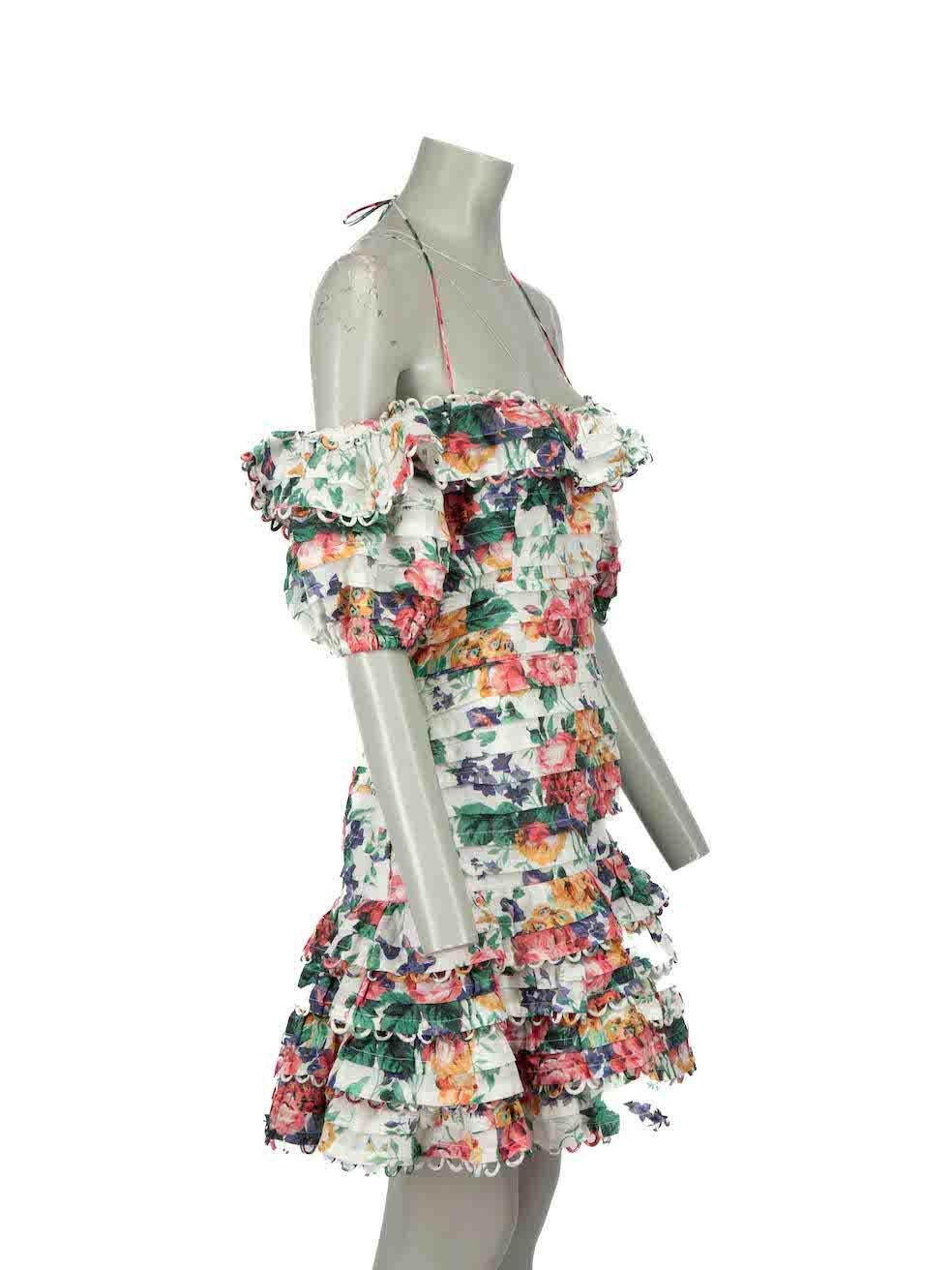 CONDITION is Very good. Hardly any visible wear to dress is evident on this used Zimmermann designer resale item.

Details
Multicolour
Linen
Mini dress
Floral print pattern
Off the shoulder
Ruffles detail
Elasticated on sleeves
Tie strap on