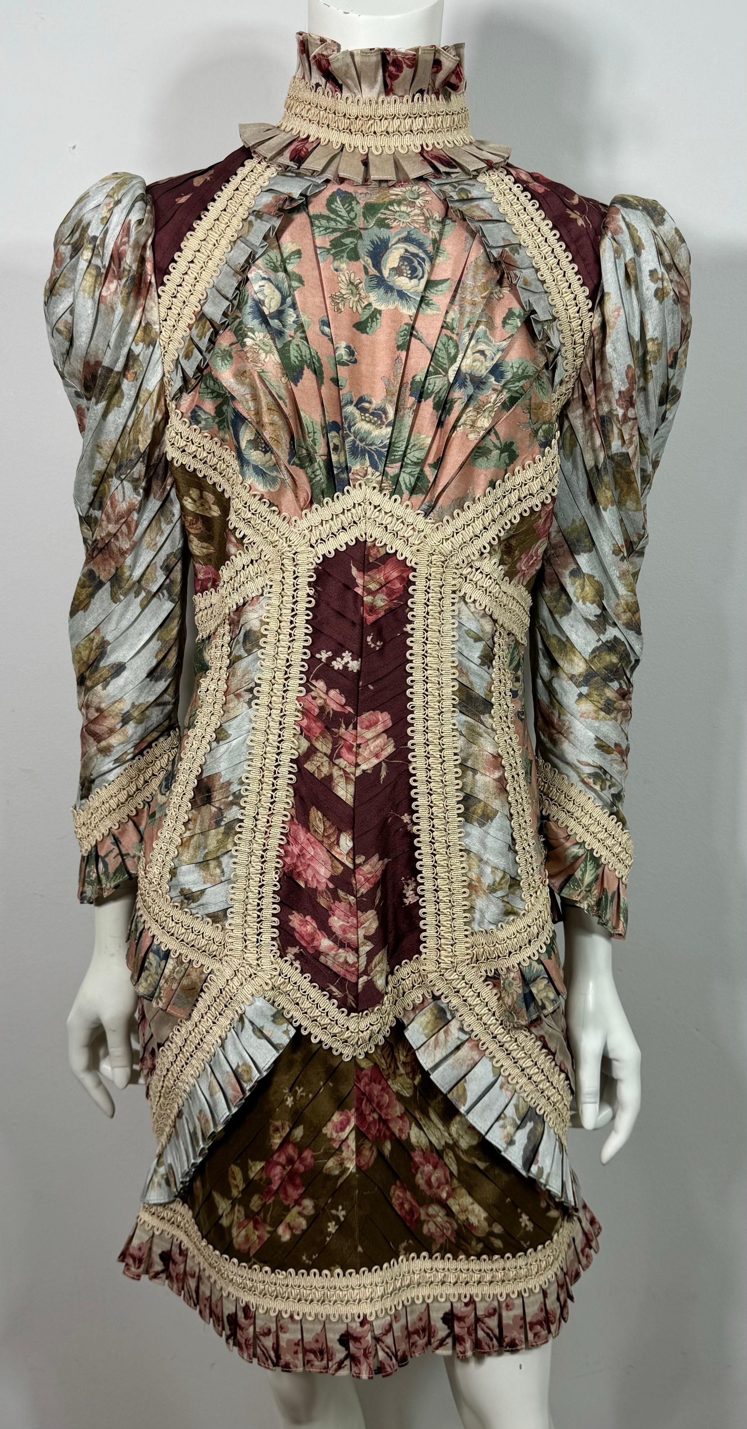 Zimmermann Runway Fall 2018 Floral and Soutache Lace High Neck Dress-Size 2/US 8 In Excellent Condition For Sale In West Palm Beach, FL